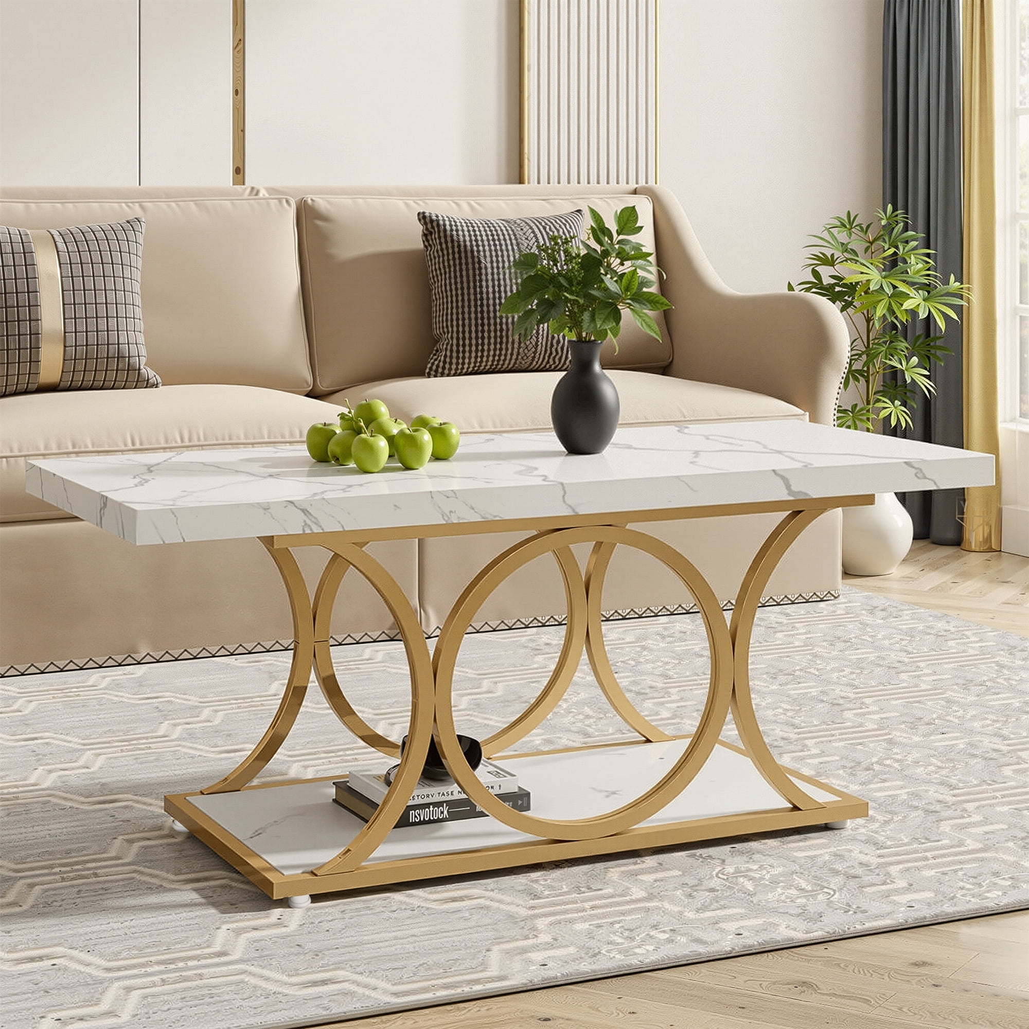 MAYEERTY Rectangle Coffee Table, 47.24" Center Table with Faux Marble Top