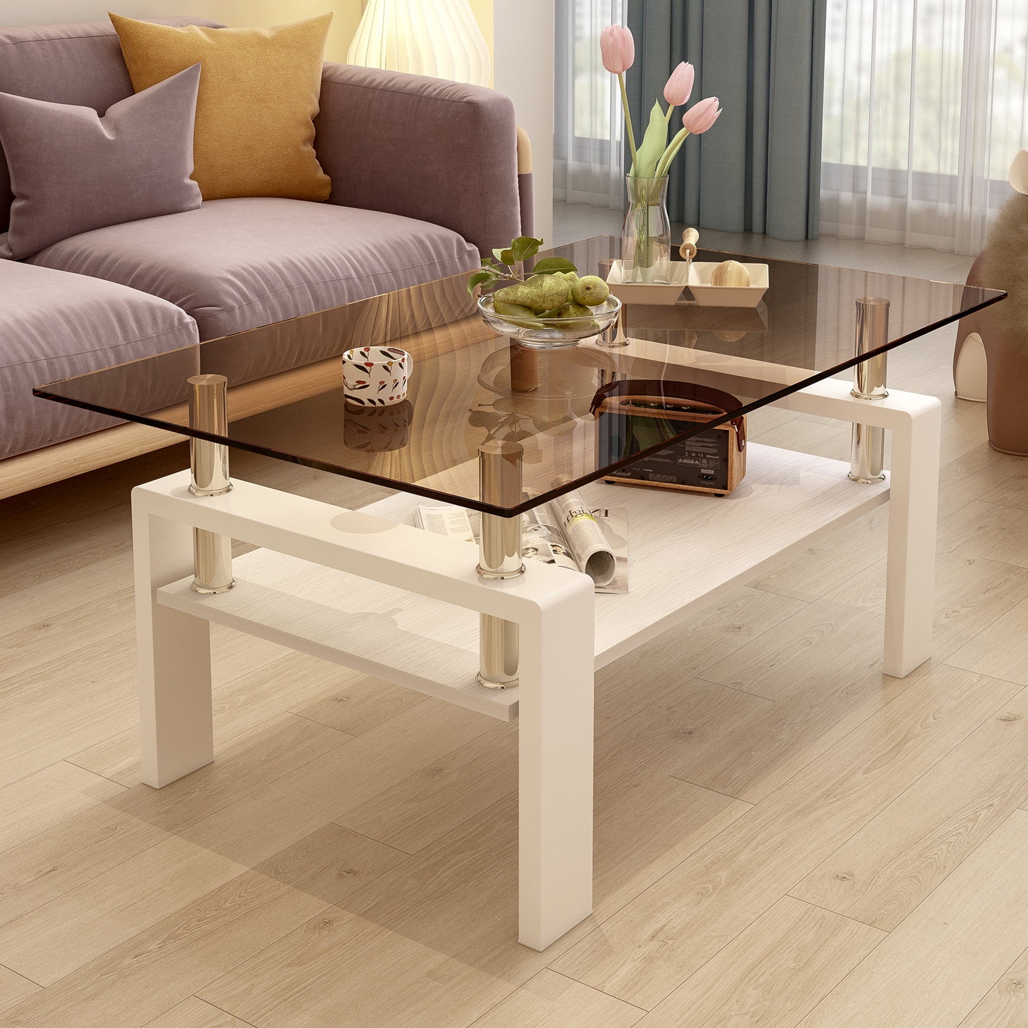MAYEERTY Rectangle Coffee Table with Brown Tempered Glass & MDF Shelf