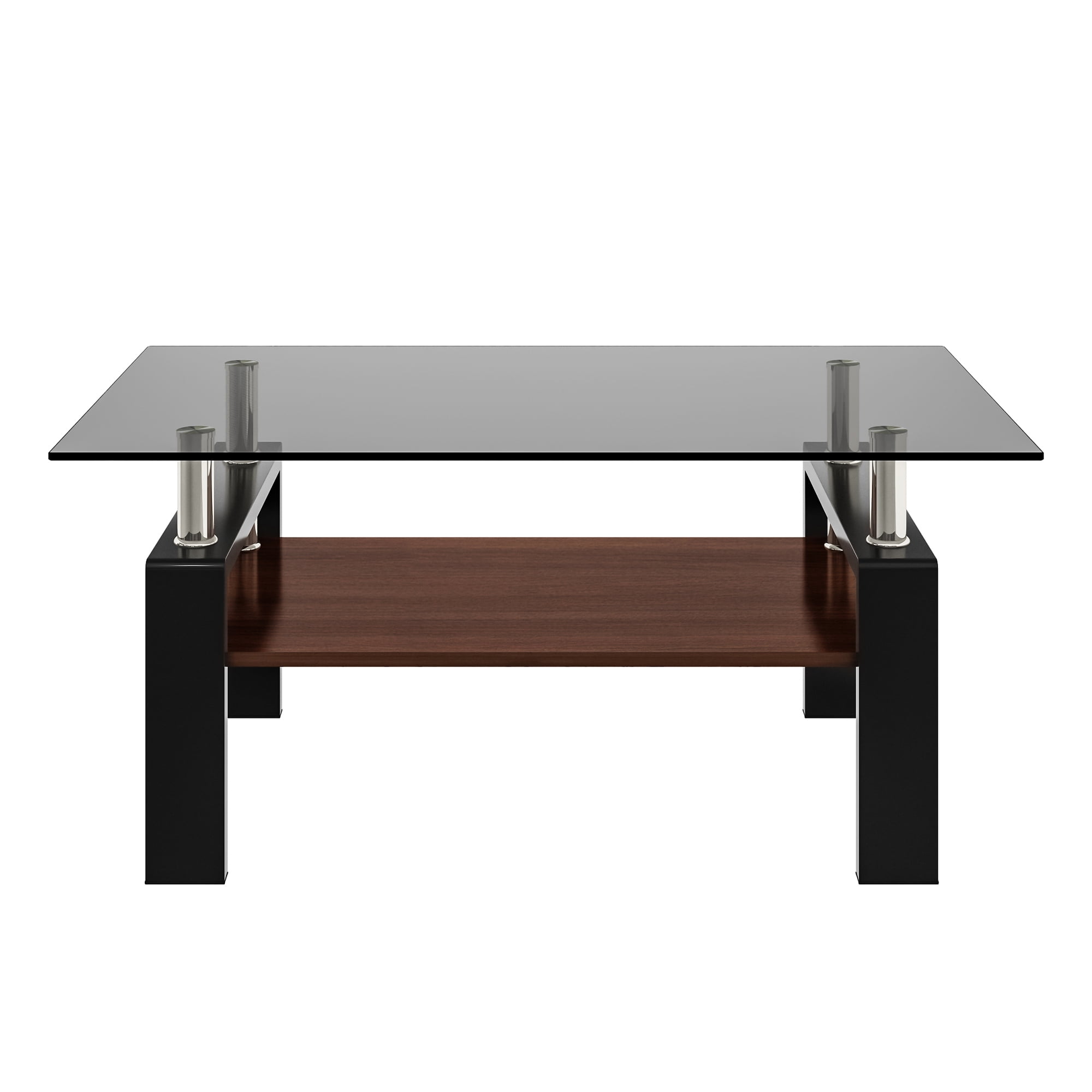 MAYEERTY Rectangle Coffee Table with Gray Tempered Glass & MDF Shelf