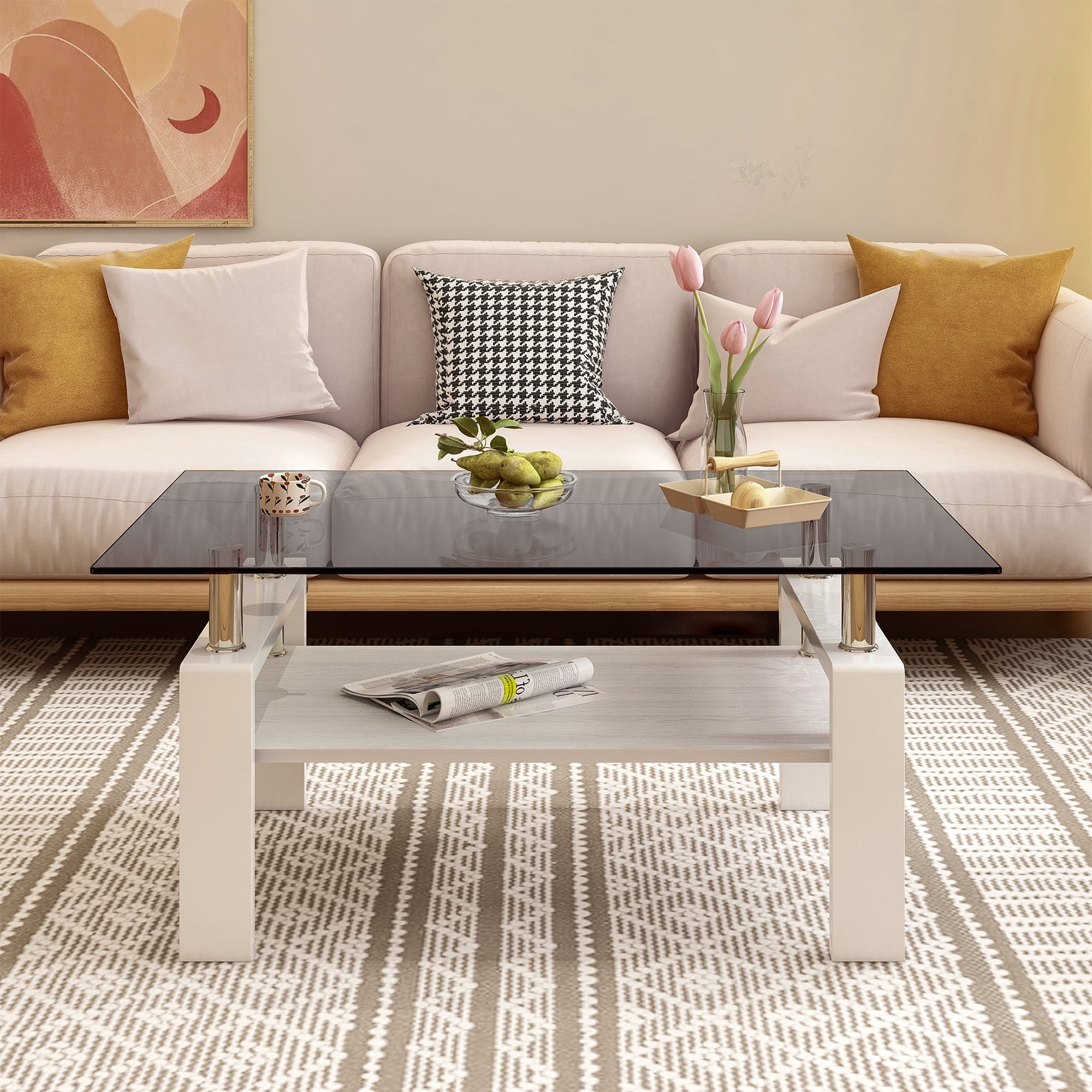 MAYEERTY Rectangle Coffee Table with Gray Tempered Glass & MDF Shelf