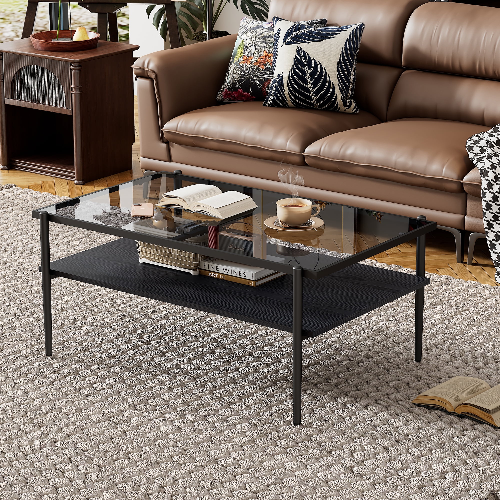 MAYEERTY Rectangle Coffee Table with Gray Tempered Glass Top and Black Legs