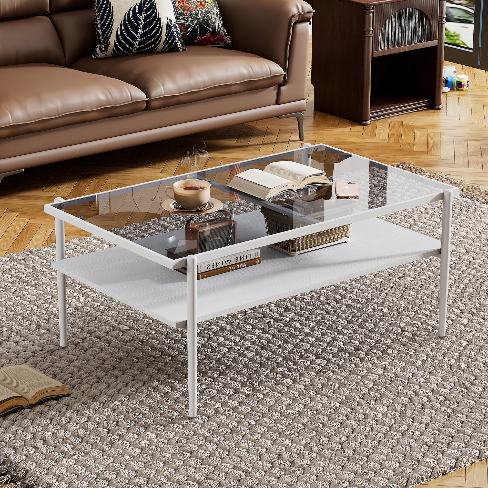 MAYEERTY Rectangle Coffee Table with Gray Tempered Glass Top and White Legs
