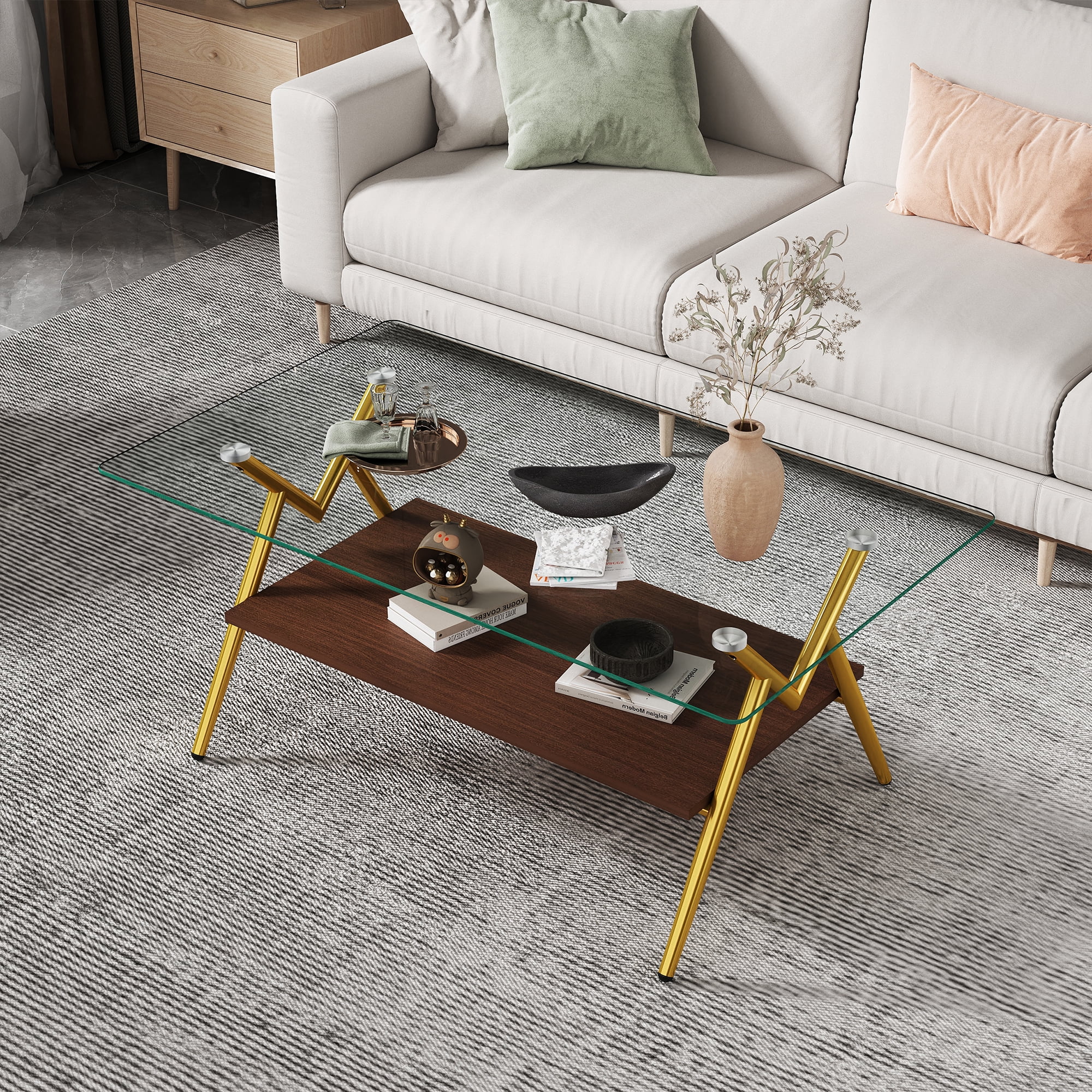 MAYEERTY Rectangle Coffee Table with Tempered Glass Top and Gold Metal Legs