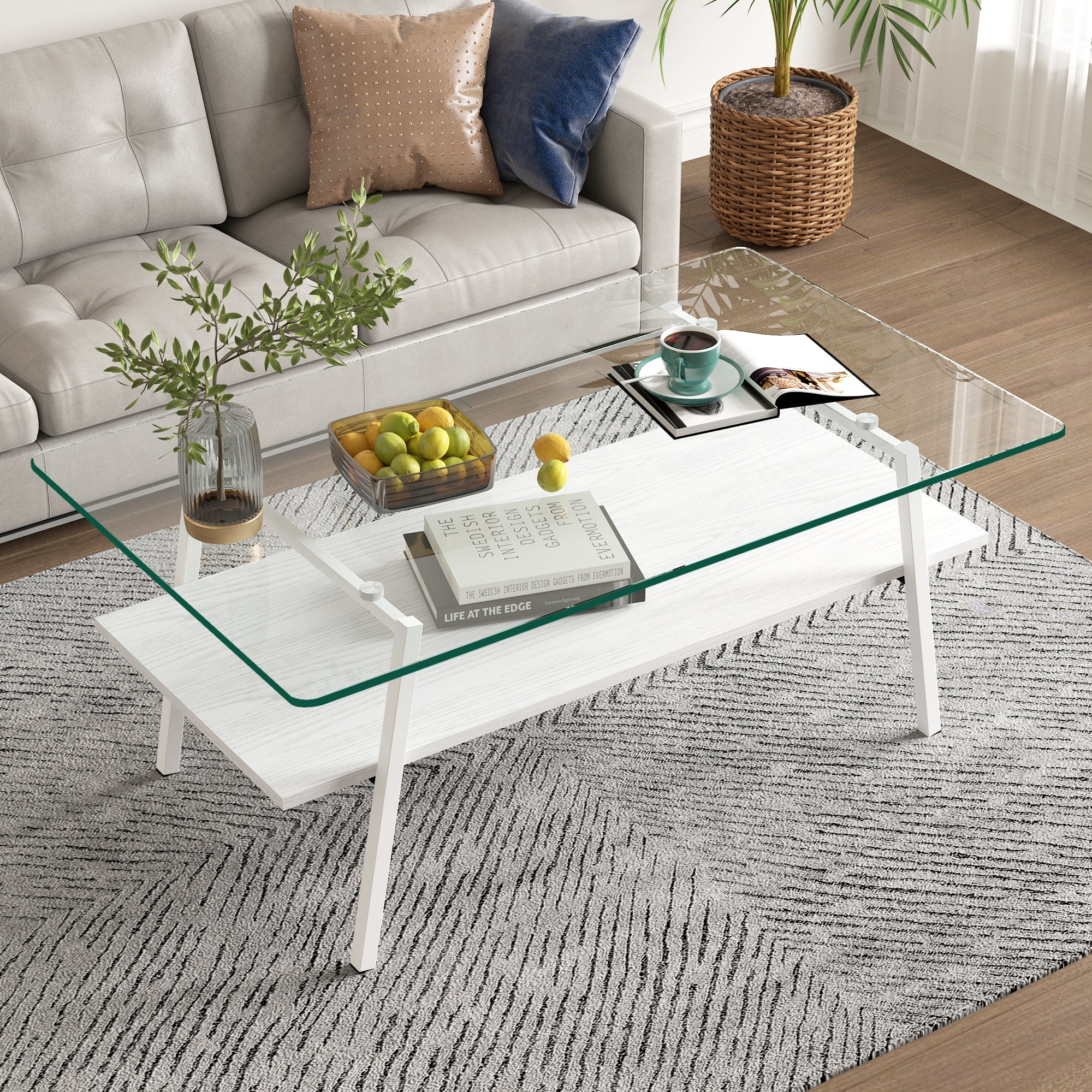 MAYEERTY Rectangle Coffee Table with Tempered Tempered Glass Top and White Metal Legs