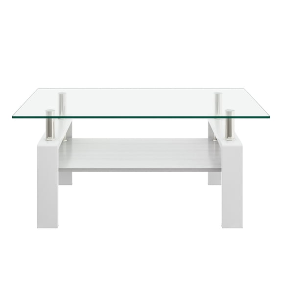 MAYEERTY Rectangle Coffee Table with Transparent Tempered Glass & MDF Shelf