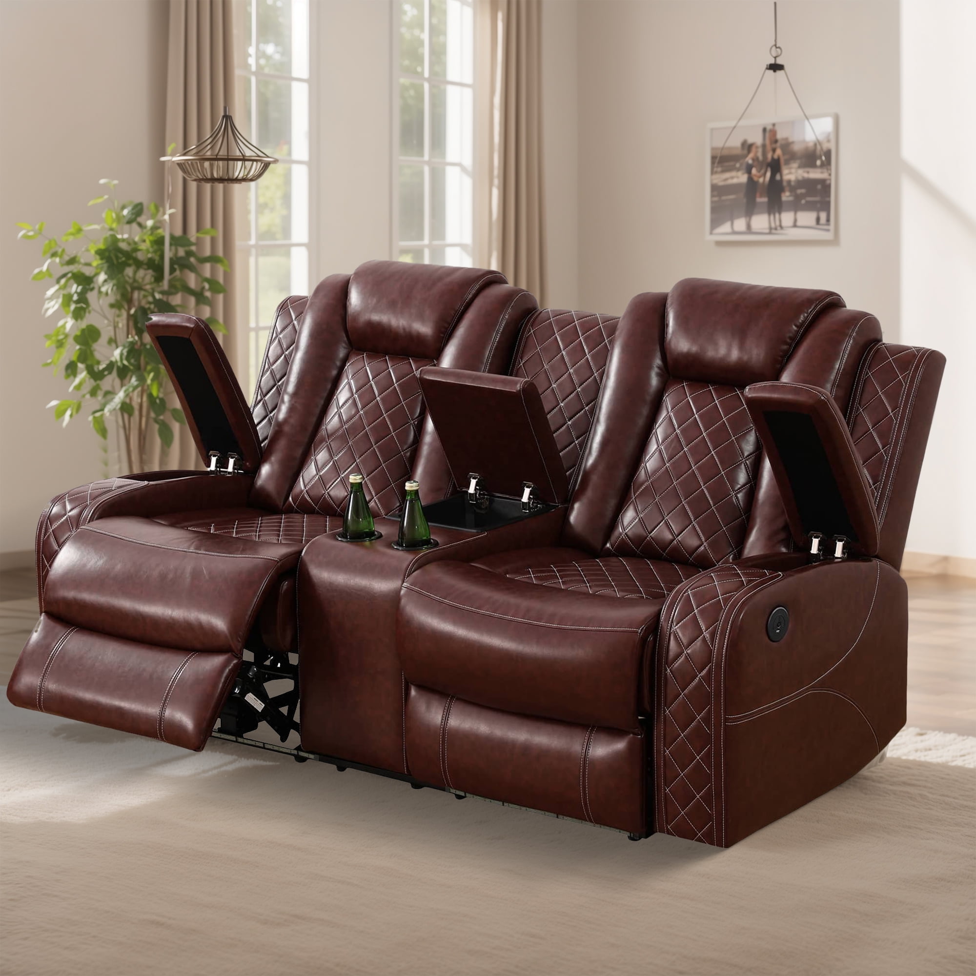 MAYEERTY Red Breathing Leather Living Room Sectional Recliner Loveseat
