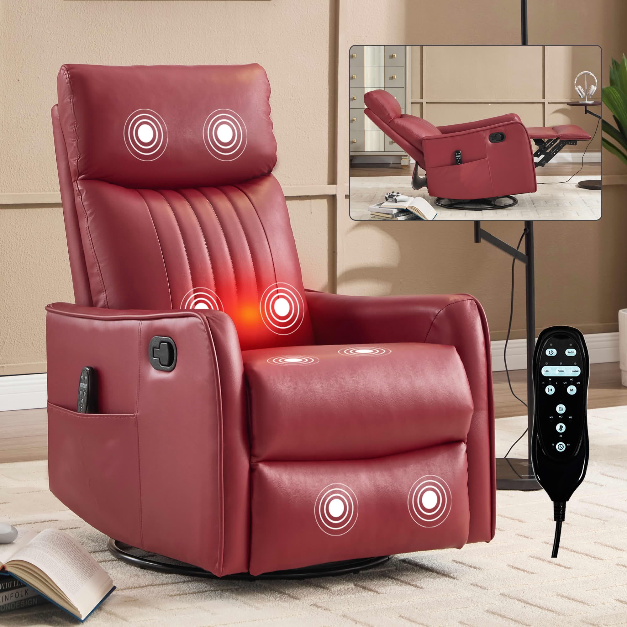 MAYEERTY Red Faux Leather Heat Massage Recliner Chair, 360° Swivel Rocker 26"x35"x39" for Living Room