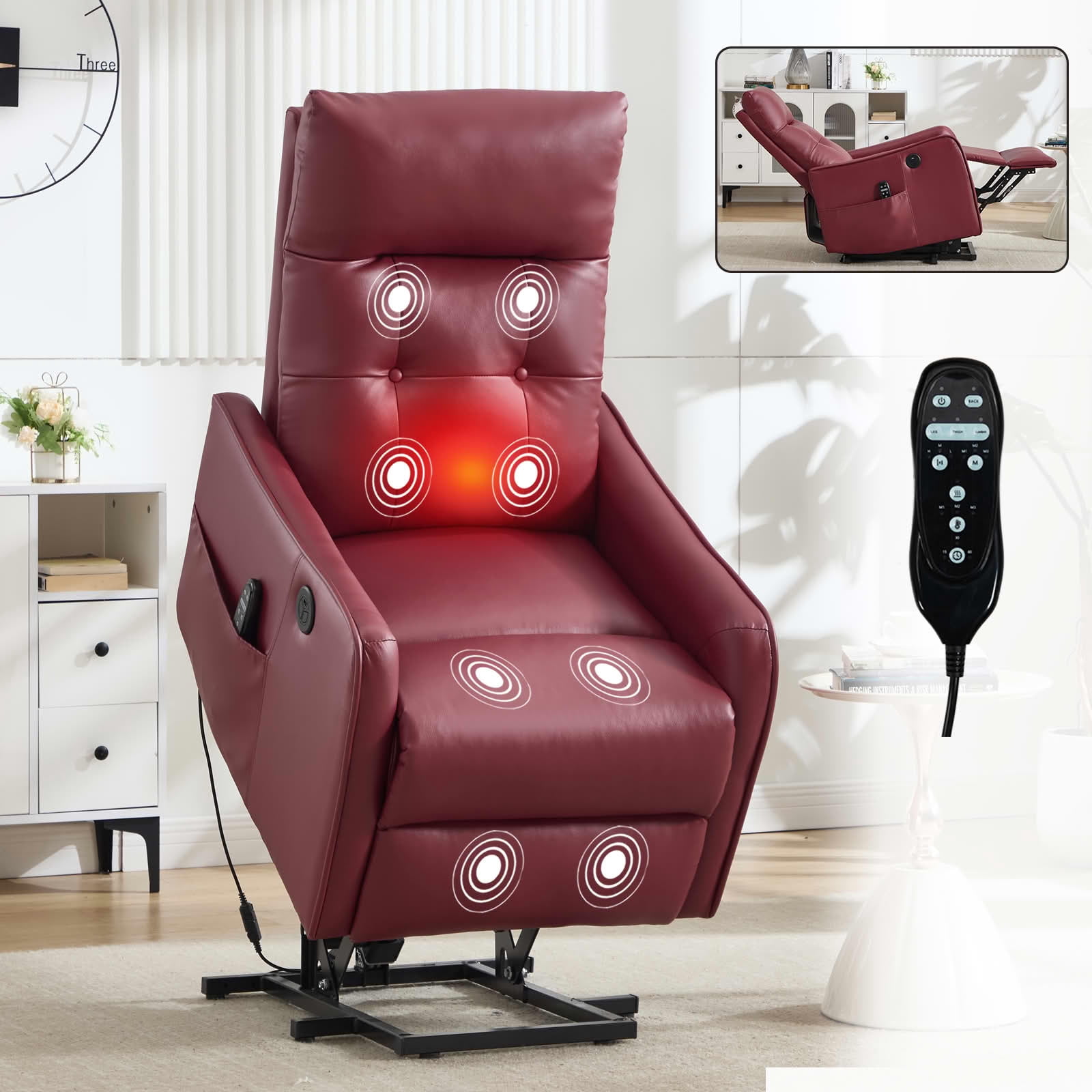 MAYEERTY Red Single Motor Power Lift Recliner Chair, 155° Recline PU Massage Heat Chair with USB for Elderly Living Room