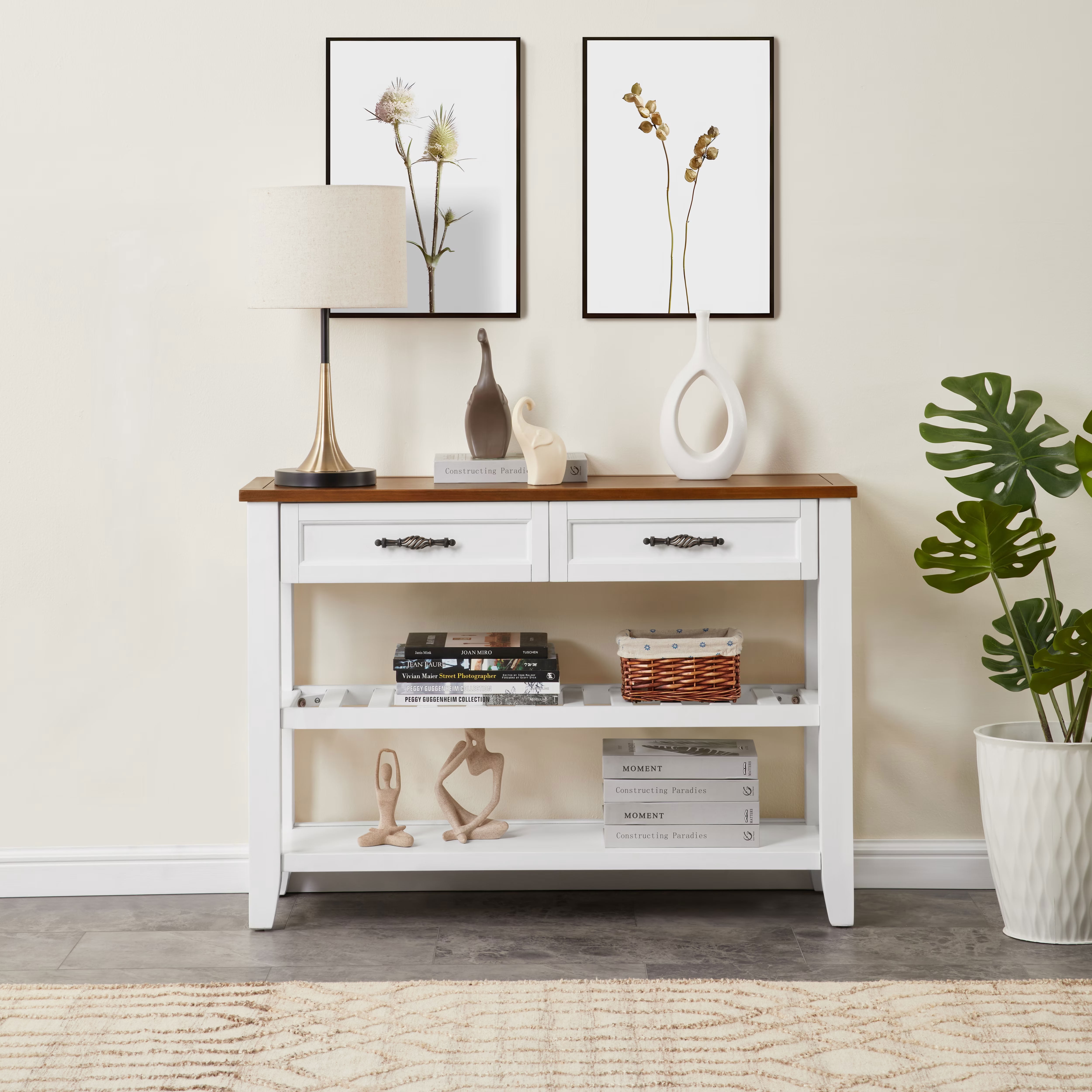 MAYEERTY Retro Console Table with 2 Drawers and Shelves, Solid Pine Wood Table for Living Room, Entryway, Hallway