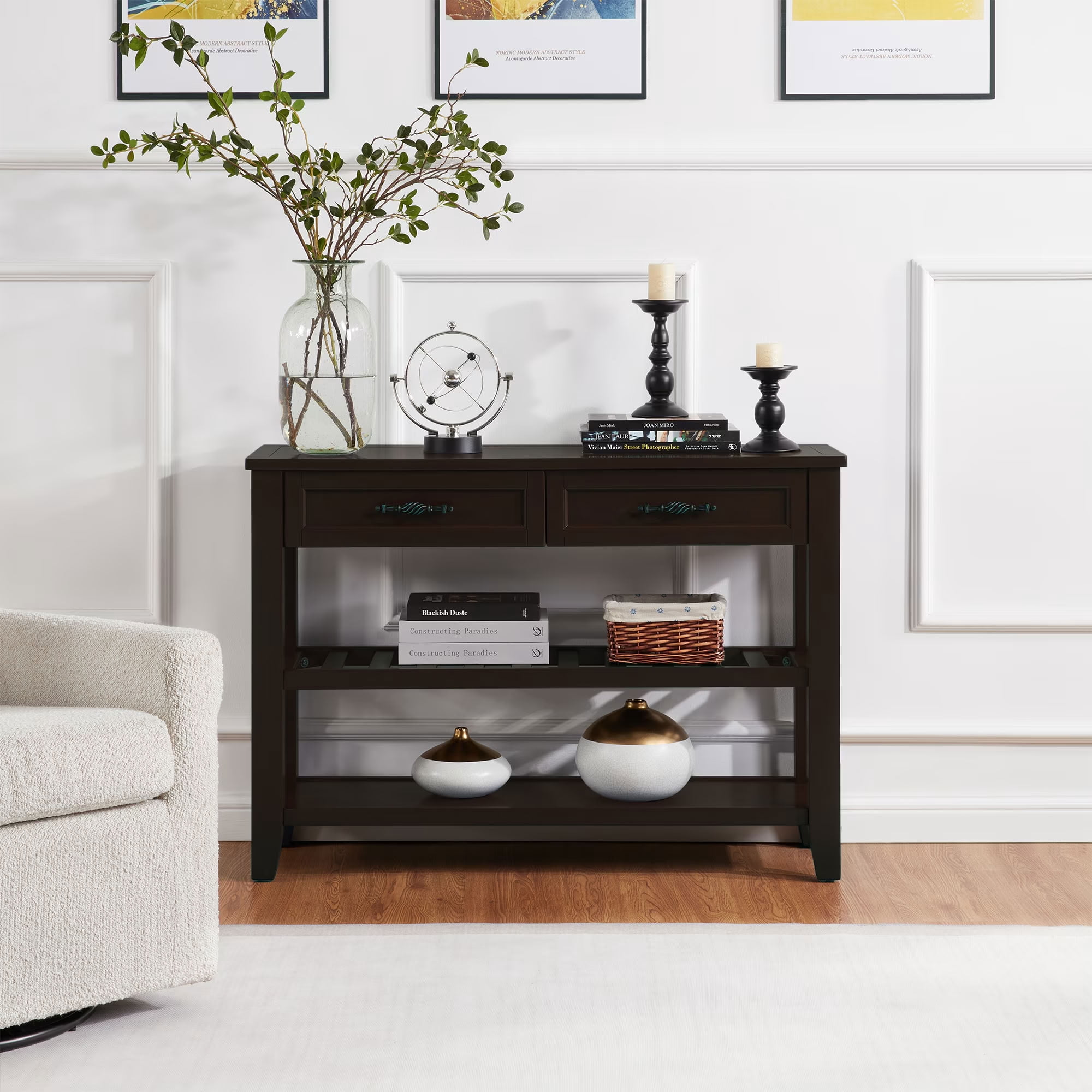 MAYEERTY Retro Console Table with 2 Drawers and Slatted Shelf, Solid Pine Wood Entryway Table, Narrow Table for Living Room, Hallway
