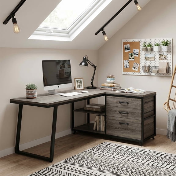 MAYEERTY Reversible L-Shaped Desk with 3 Drawers & Open Shelves, 53" Home Office Computer Desk