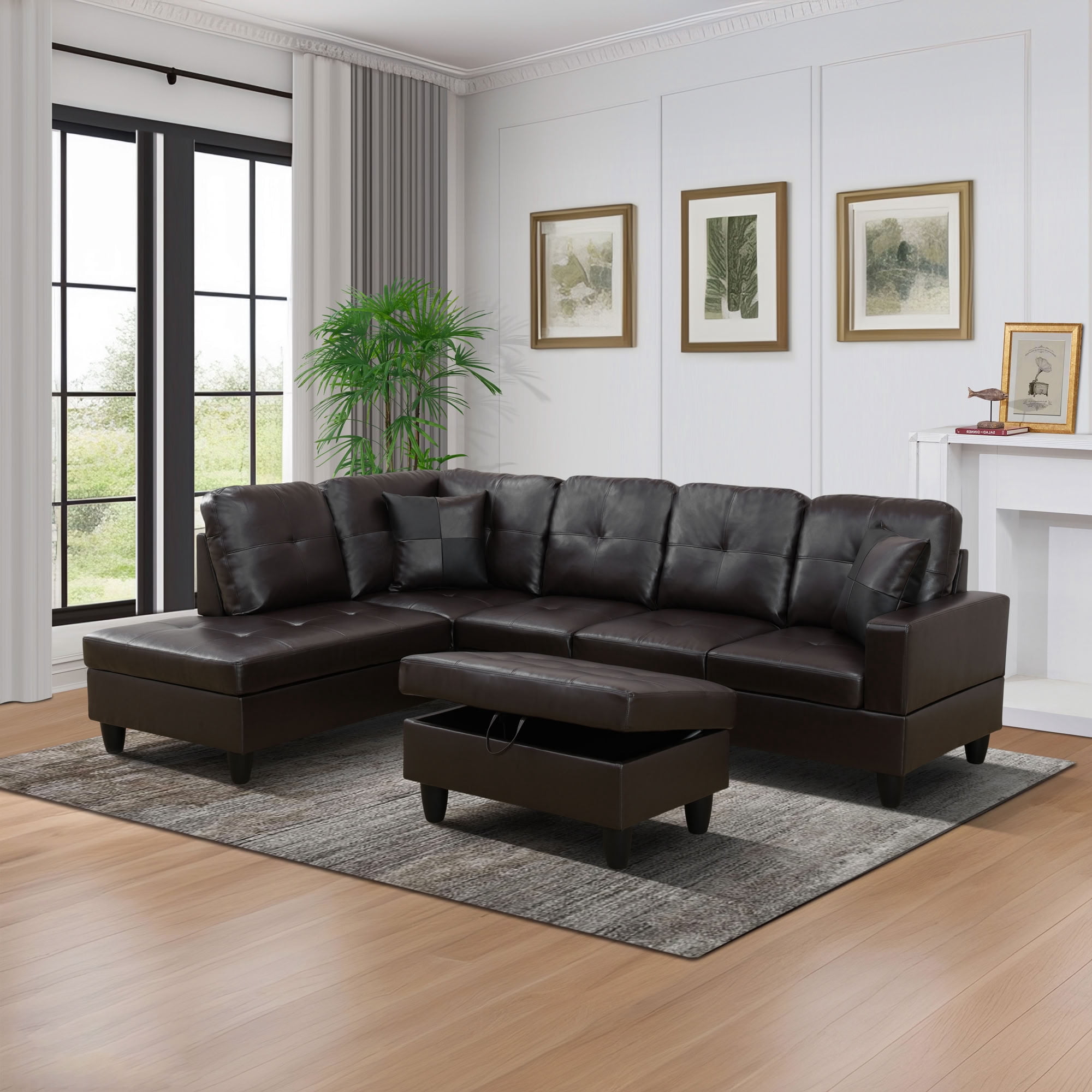 MAYEERTY Reversible L-Shaped Sectional Sofa Set, Breathable Leather Couch with Storage Ottoman & Chaise for Living Room