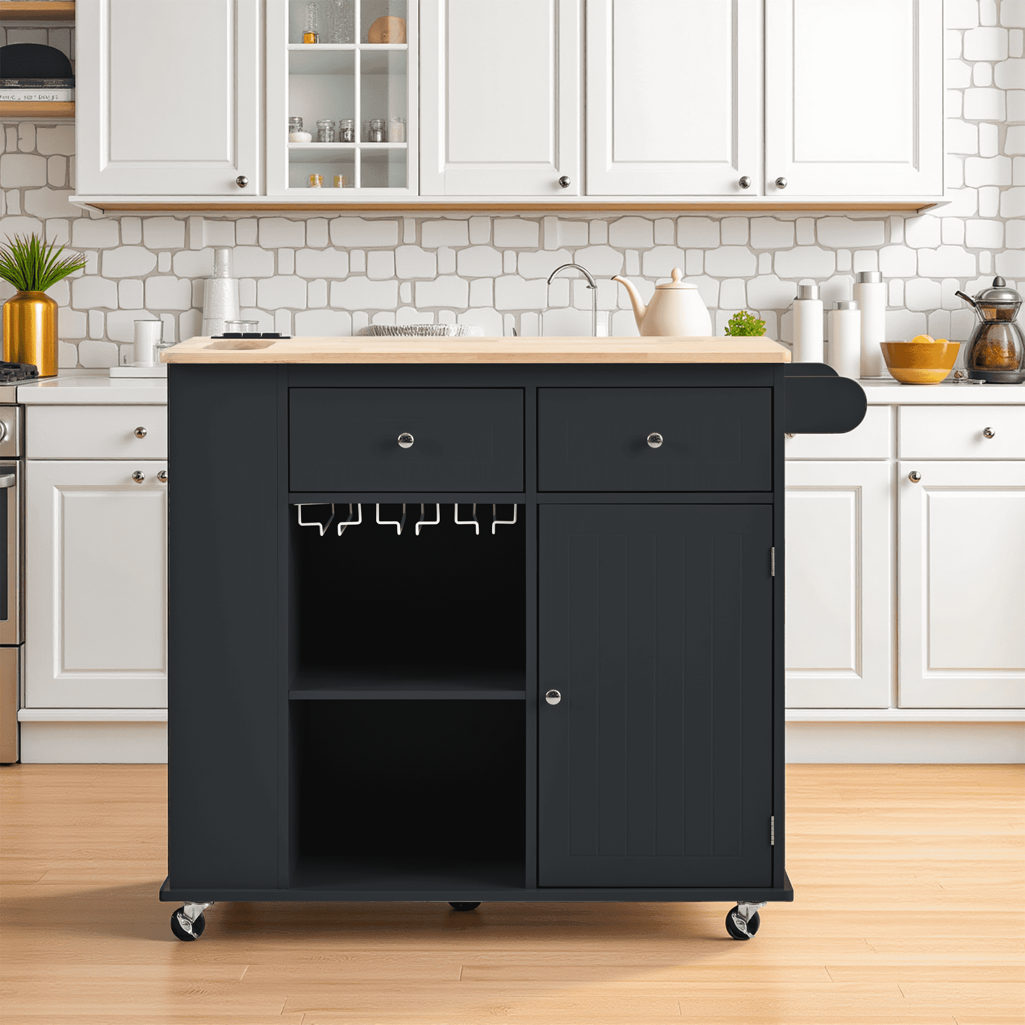 MAYEERTY Rolling Kitchen Island with Power Outlet, Towel Rack, Drop Leaf & Rubber Wood, Black