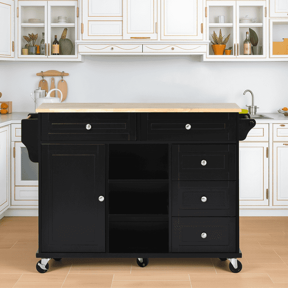 MAYEERTY Rolling Mobile Kitchen Cart with Rubber Wood Desktop