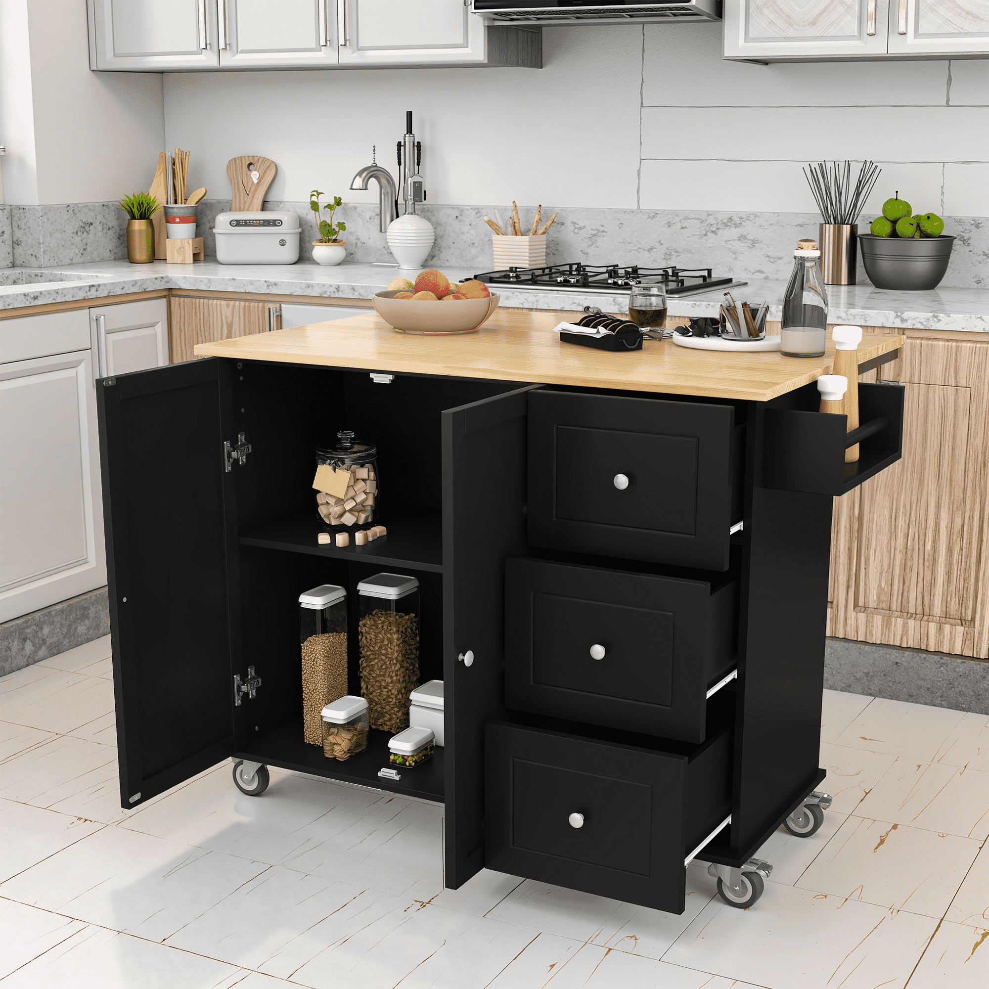 MAYEERTY Rolling Mobile Kitchen Island with Drop Leaf, Locking Wheels & Storage Cabinet