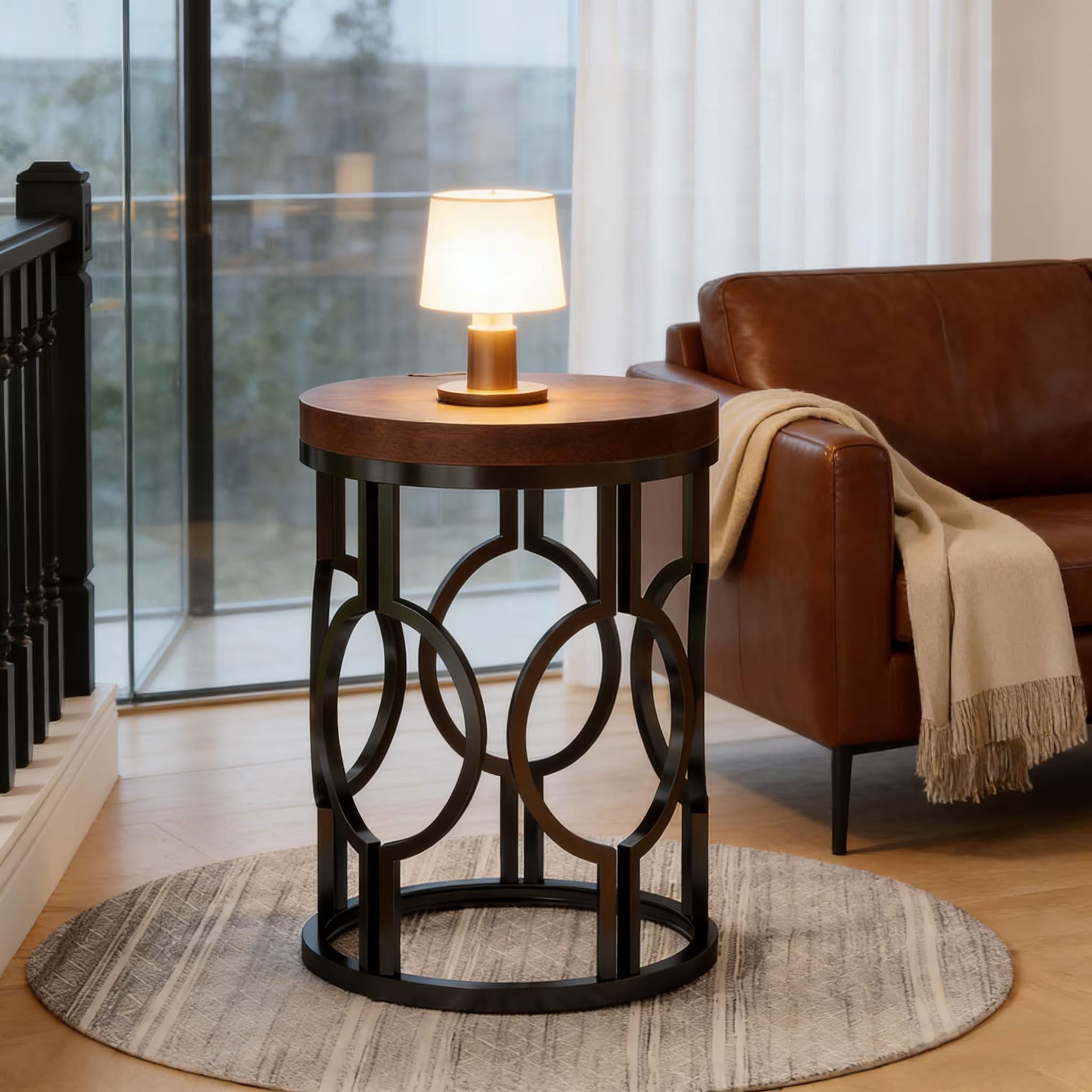 MAYEERTY Round End Table, Industrial Side Table with Metal Hollow Frame, for Living Room, Bedroom, Small Spaces
