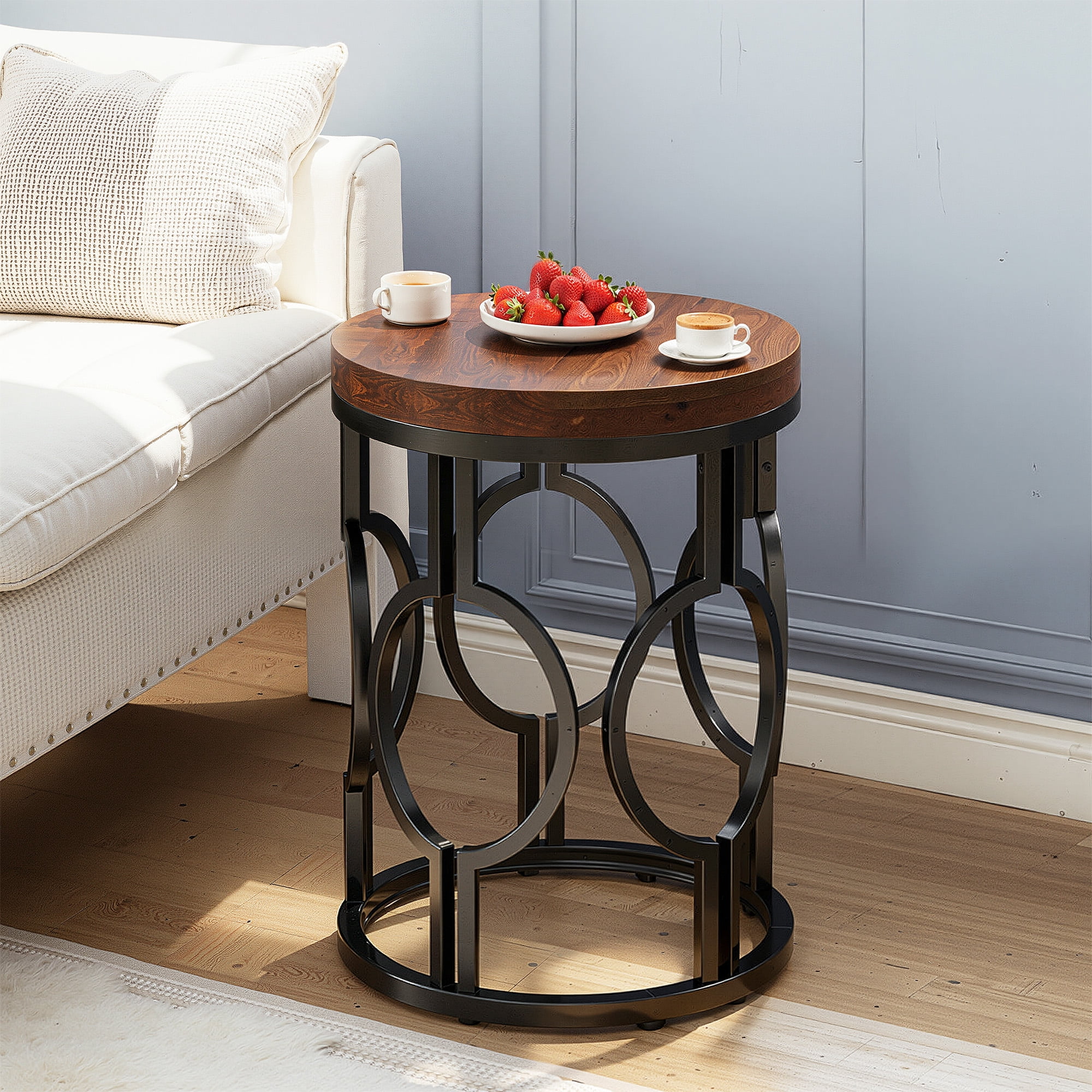 MAYEERTY Industrial Round Side Table, Hollow Metal Frame End Table with MDF Tabletop, Space-Saving Design for Home Decor