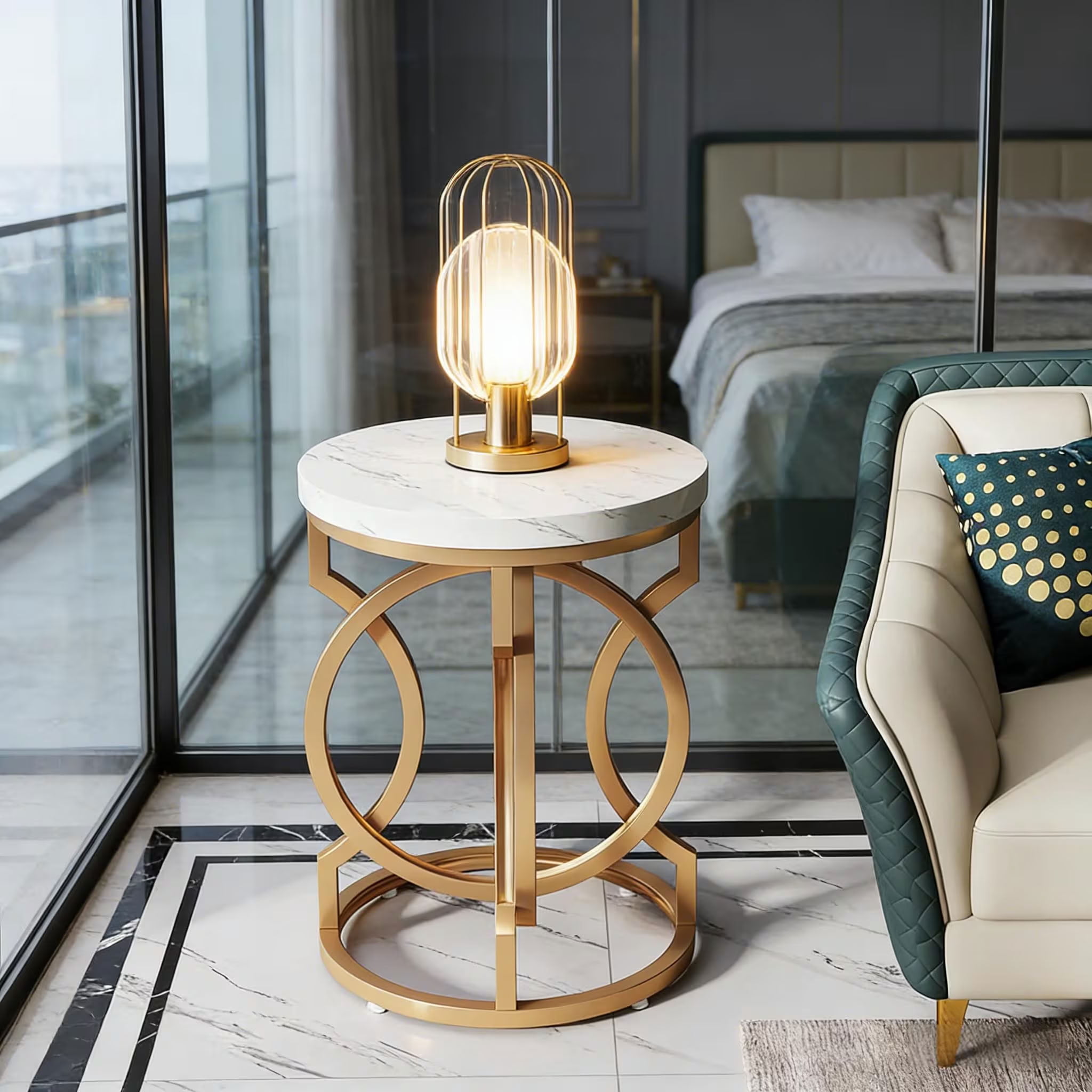 MAYEERTY Round End Table, Modern Bedside Table with Faux Marble Top and Metal Frame, for Living Room, Bedroom, Small Spaces