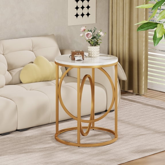 MAYEERTY Modern Round Side Table, 19.7" End Table with Marble Effect Top & Metal Frame, Waterproof & Scratch Resistant for Home Decor