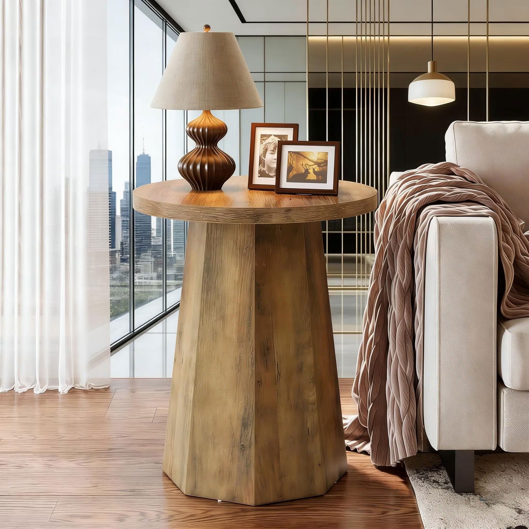 MAYEERTY Round End Table, Rustic Wooden Compact Couch Side Table for Living Room, Bedroom, Small Spaces