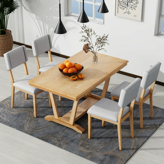 MAYEERTY Rustic 5-Piece Dining Table Set with 4 Upholstered Chairs, 59-inch Rectangular Dining Table with Trestle Base, Natural