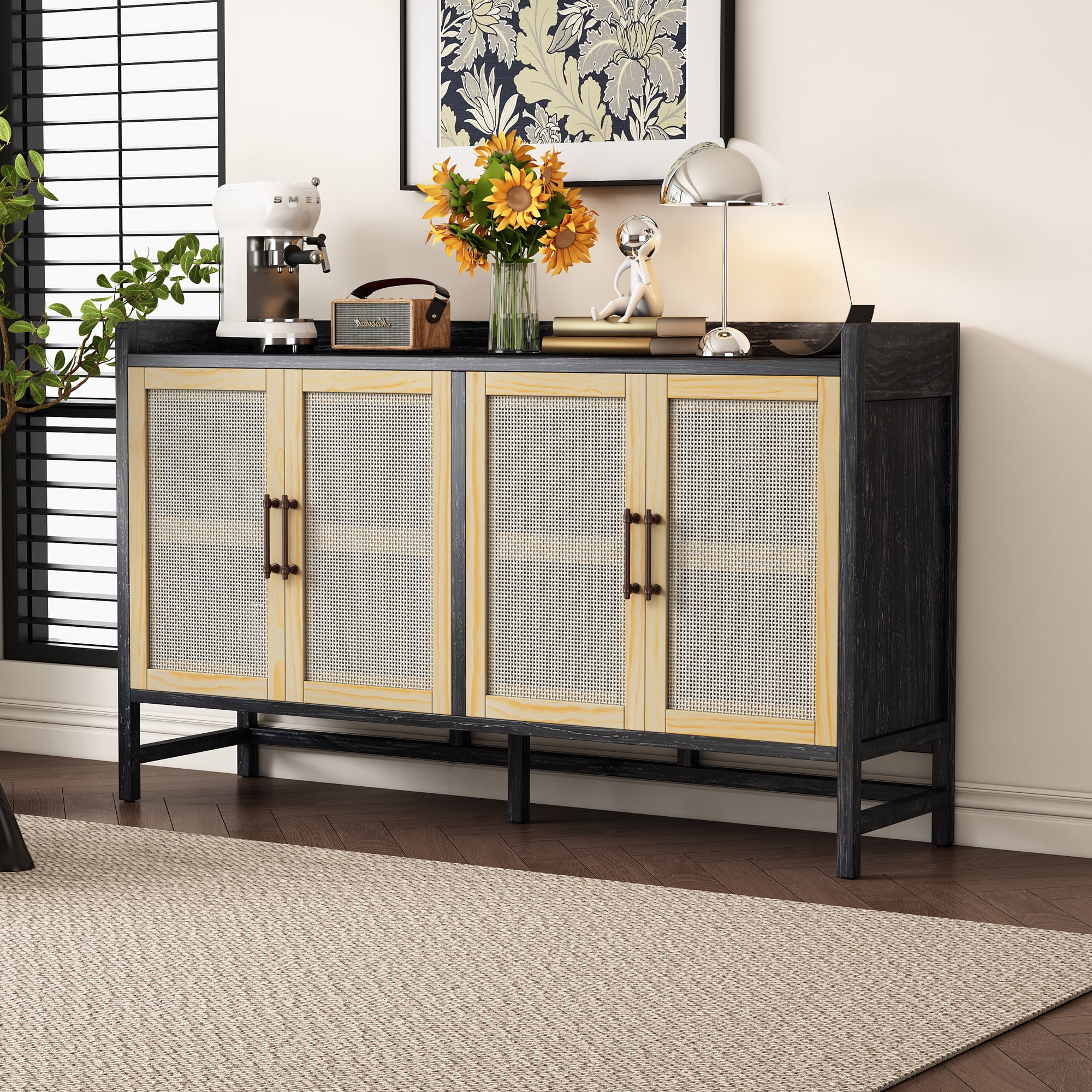 MAYEERTY Rustic Sideboard Cabinet with Rattan Doors, Buffet Cabinet with Storage for Dining Room & Living Room, Black+Natural