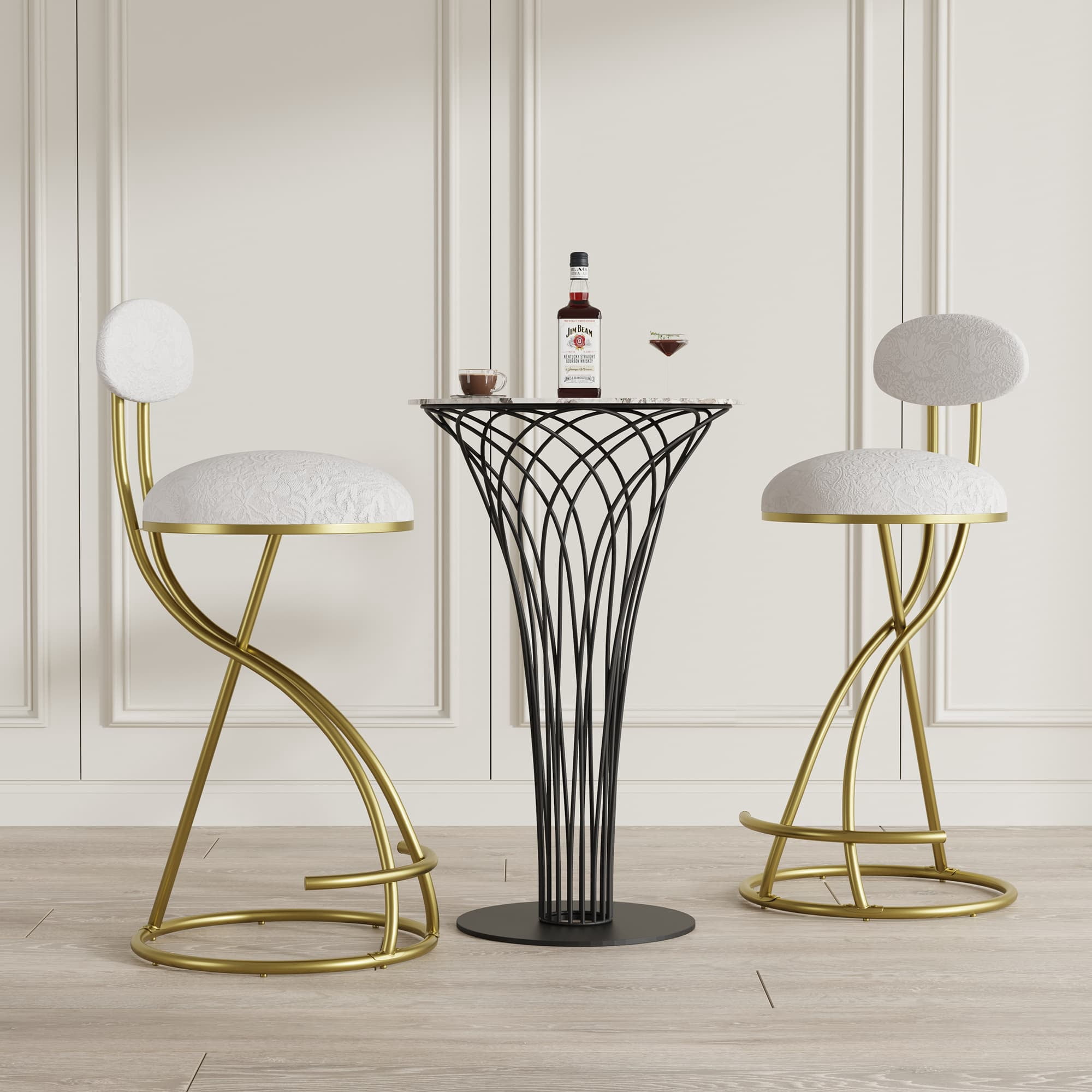 MAYEERTY S-Shaped Gold Bar Stools Set of 2 - with Backrest, Floral Print, Counter Height for Kitchen Island (Gold & White)