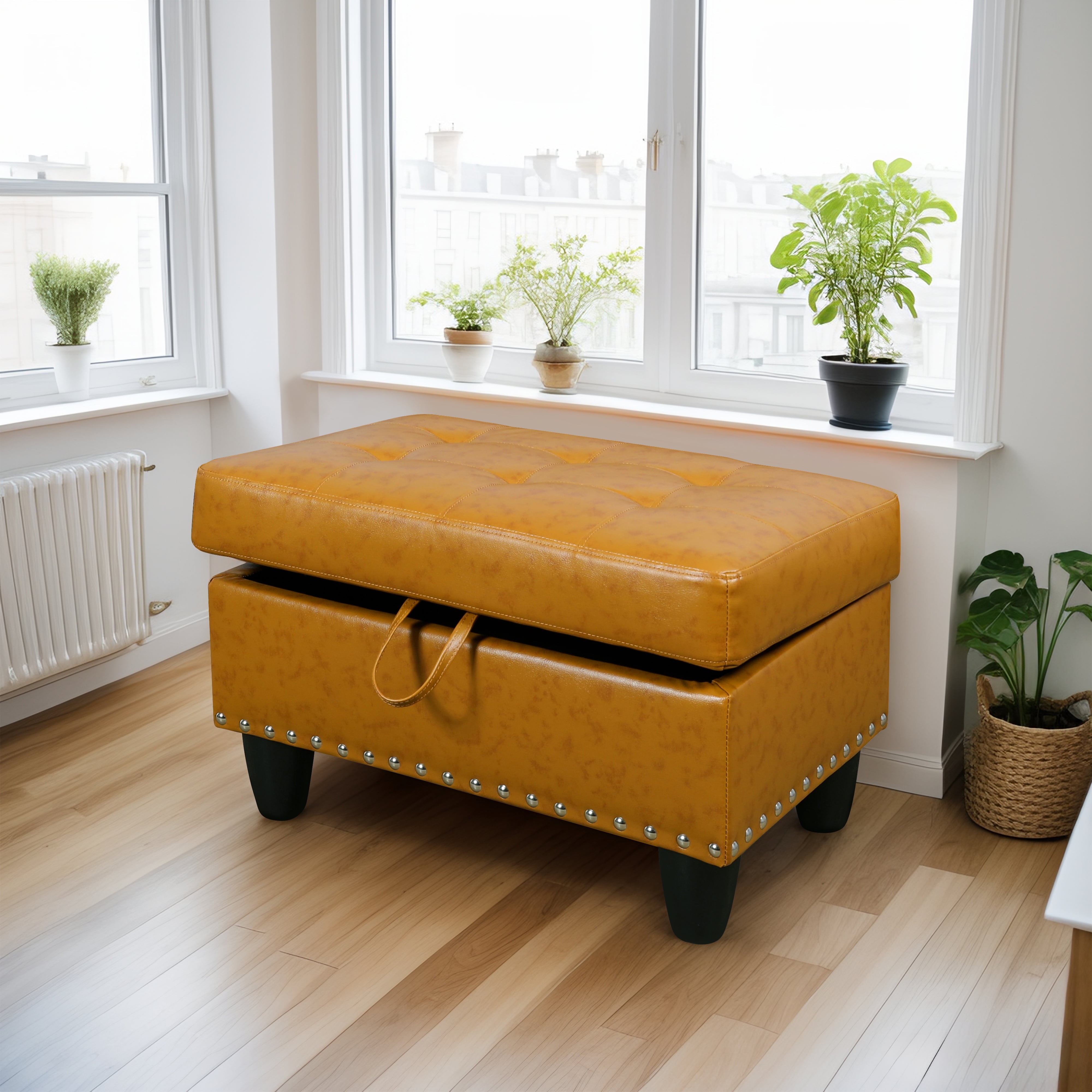MAYEERTY Semi PU Synthetic Leather Ottoman with Storage for Modular Sectional Sofa, Ginger