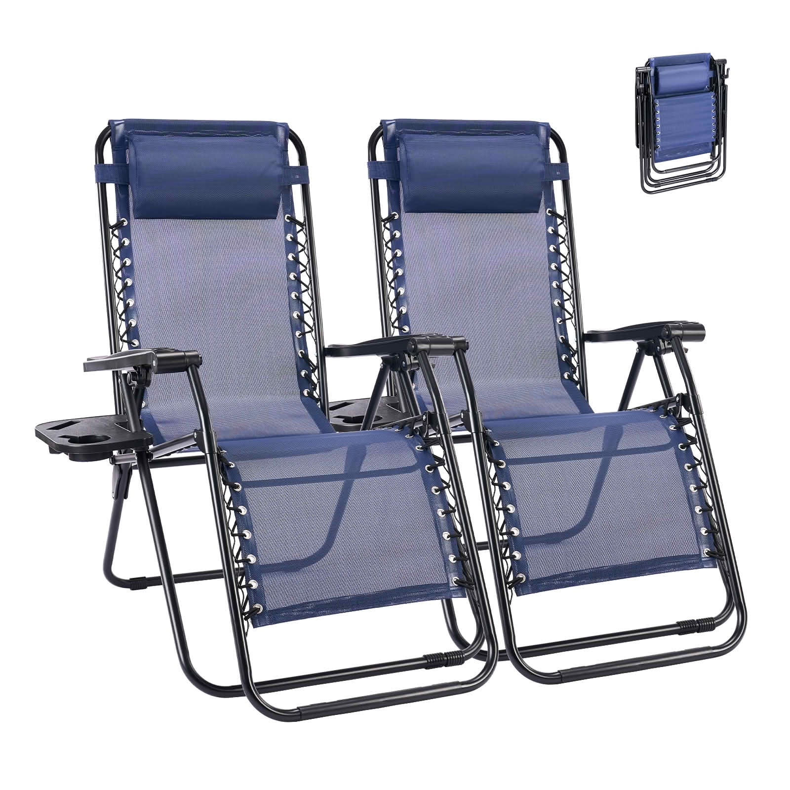 MAYEERTY Set of 2 Zero Gravity Patio Lounge Chairs, Adjustable Alloy Steel Foldable Outdoor Recliners with Pillow Cup Holder Side Tray for Beach Pool Lawn, Holds 300 LBS