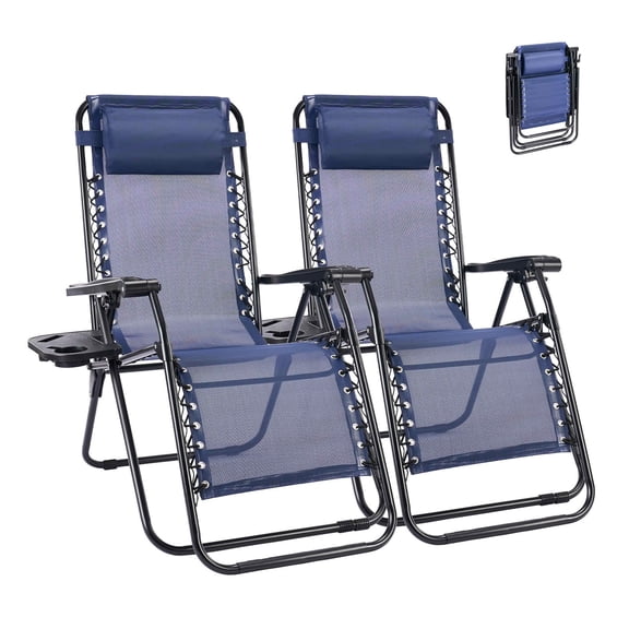 MAYEERTY Set of 2 Zero Gravity Patio Lounge Chairs, Adjustable Alloy Steel Foldable Outdoor Recliners with Pillow Cup Holder Side Tray for Beach Pool Lawn, Holds 300 LBS