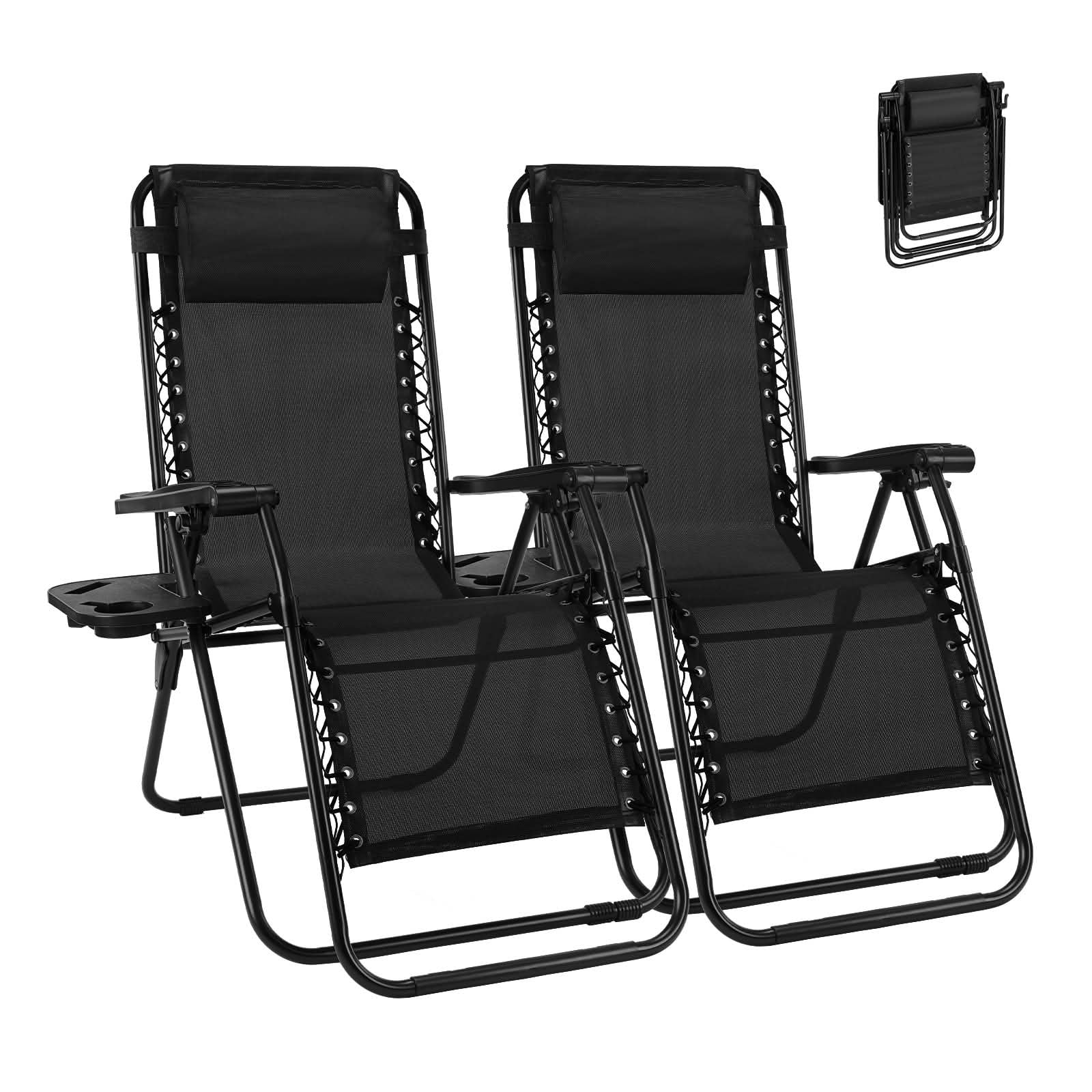 MAYEERTY Set of 2 Zero Gravity Patio Lounge Chairs, Adjustable Alloy Steel Foldable Outdoor Recliners with Pillow Cup Holder Side Tray for Beach Pool Lawn, Holds 300 LBS