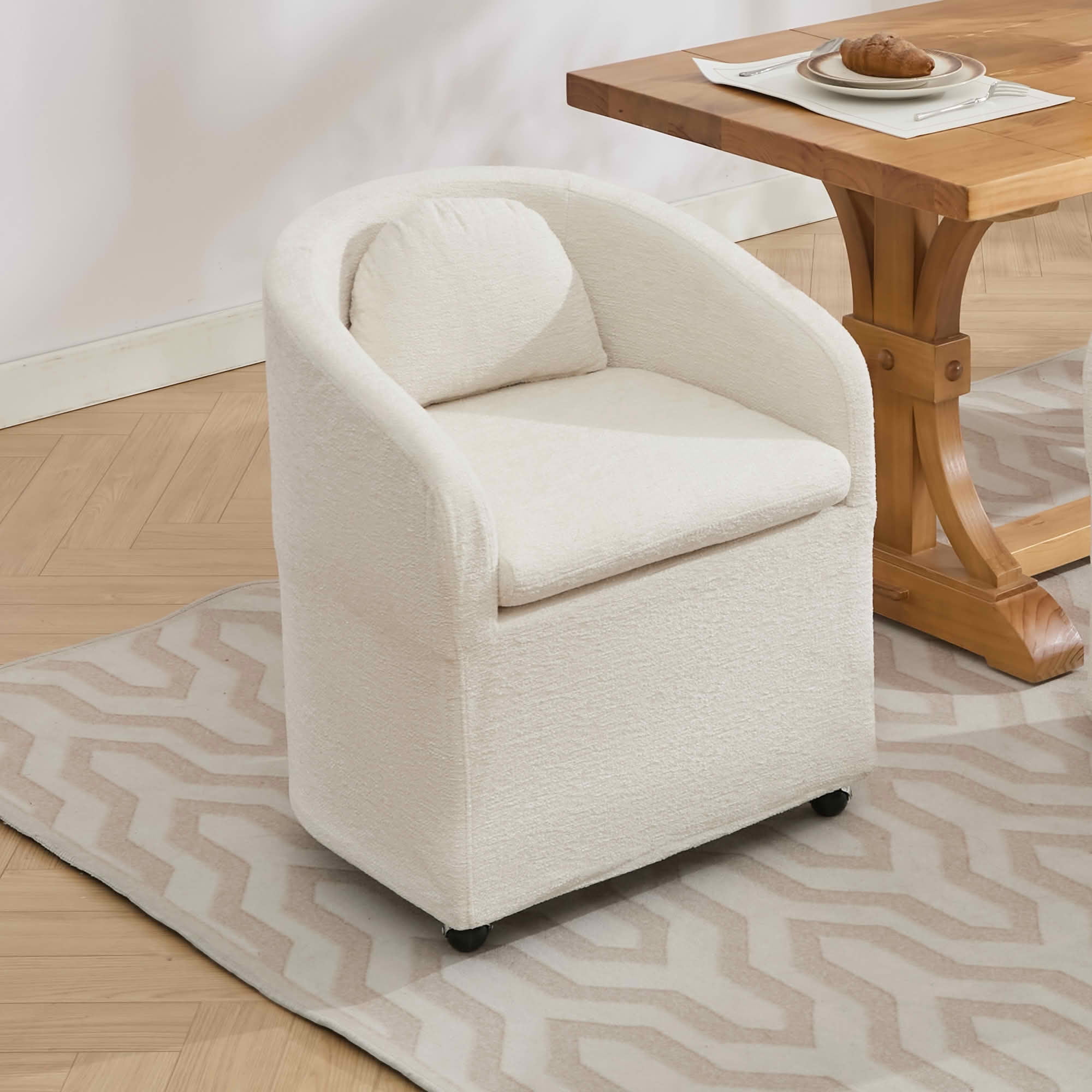 MAYEERTY Set of 1 Chenille Fabric Dining Armchair, with Back Cushion & Universal Wheels, Beige