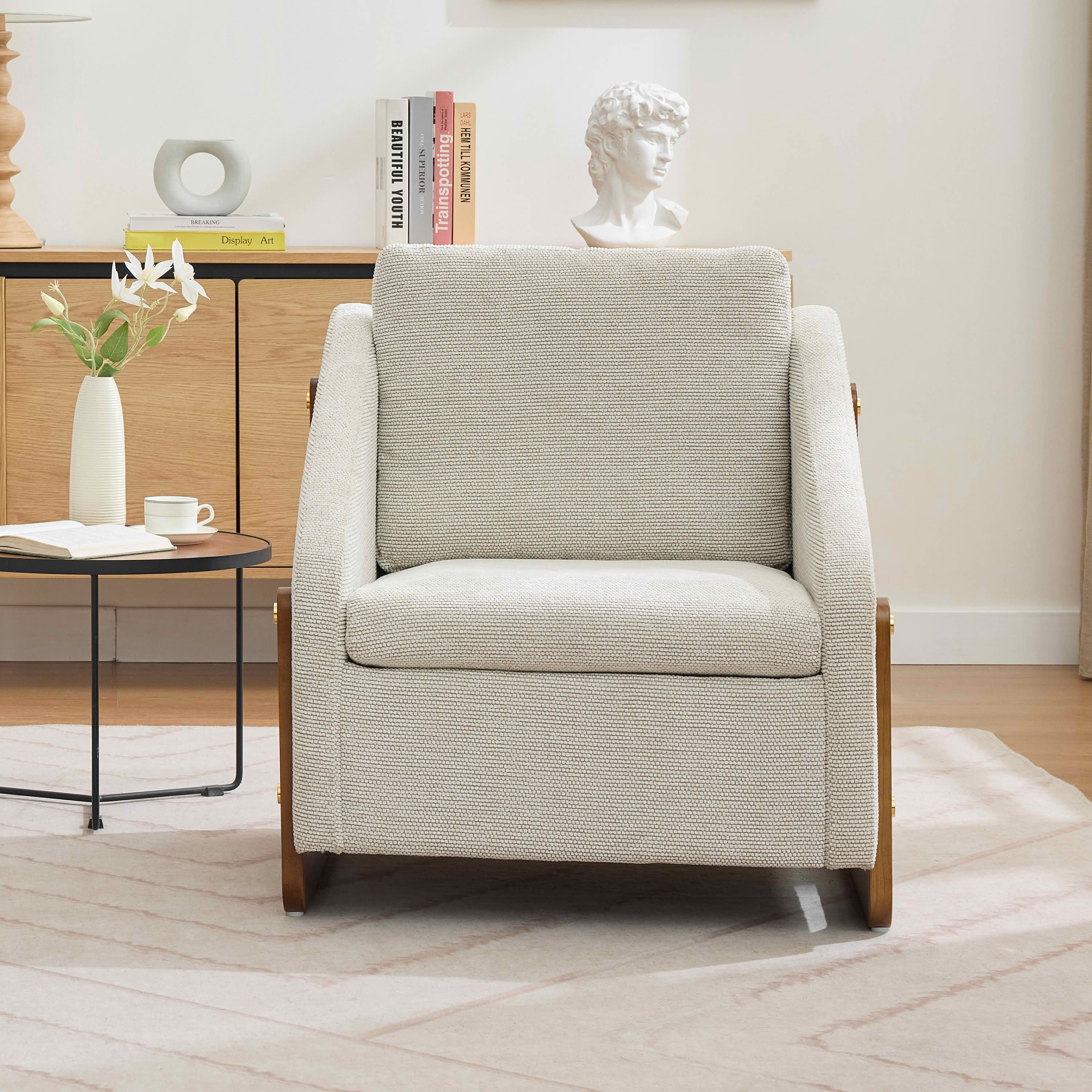 MAYEERTY Set of 1 Chenille Fabric Modern Upholstered Armchair, Wooden Side Frame & Cushioned Seat Backrest, for Living Room & Bedroom, Beige