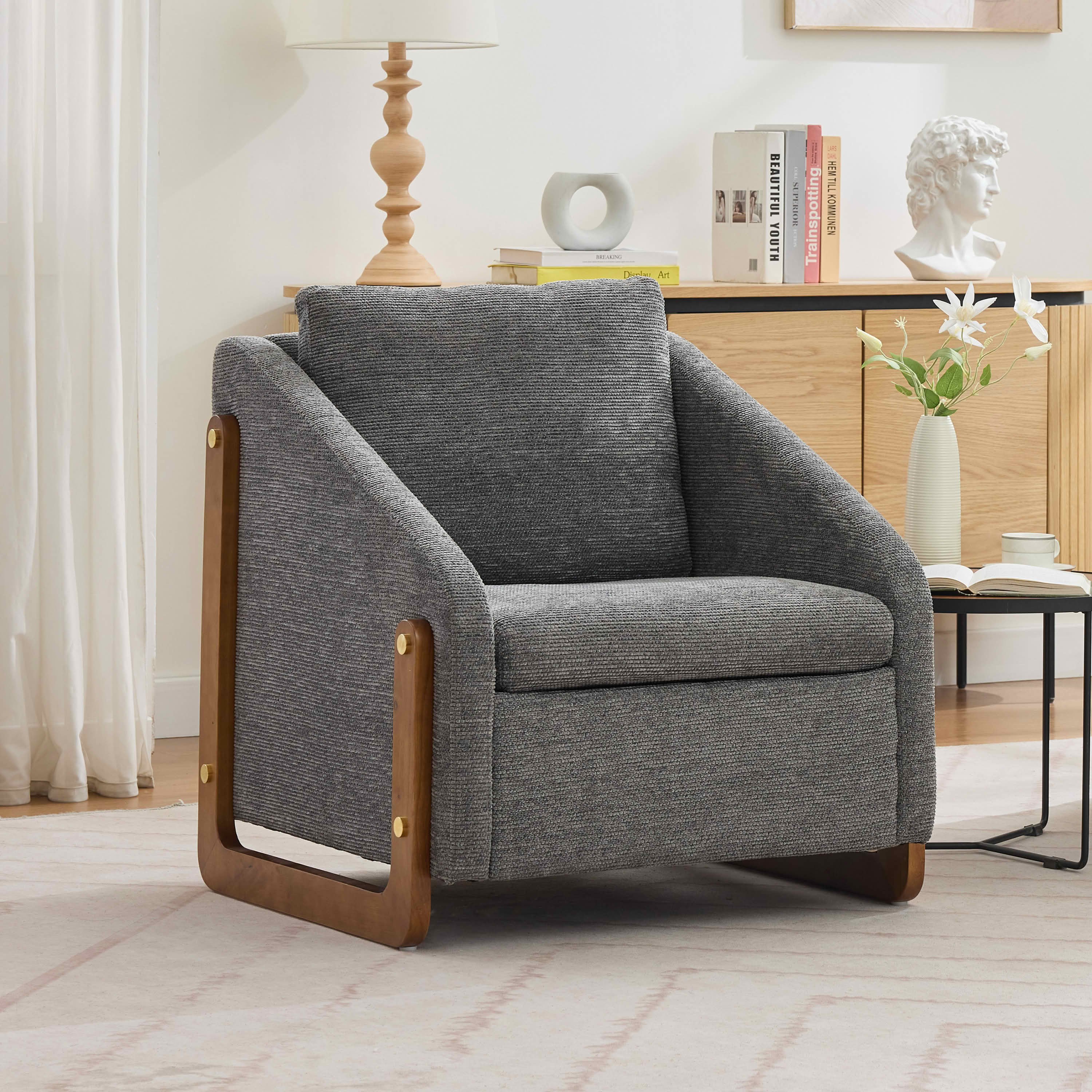 MAYEERTY Set of 1 Chenille Fabric Modern Upholstered Armchair, Wooden Side Frame & Cushioned Seat Backrest, for Living Room & Bedroom, Gray