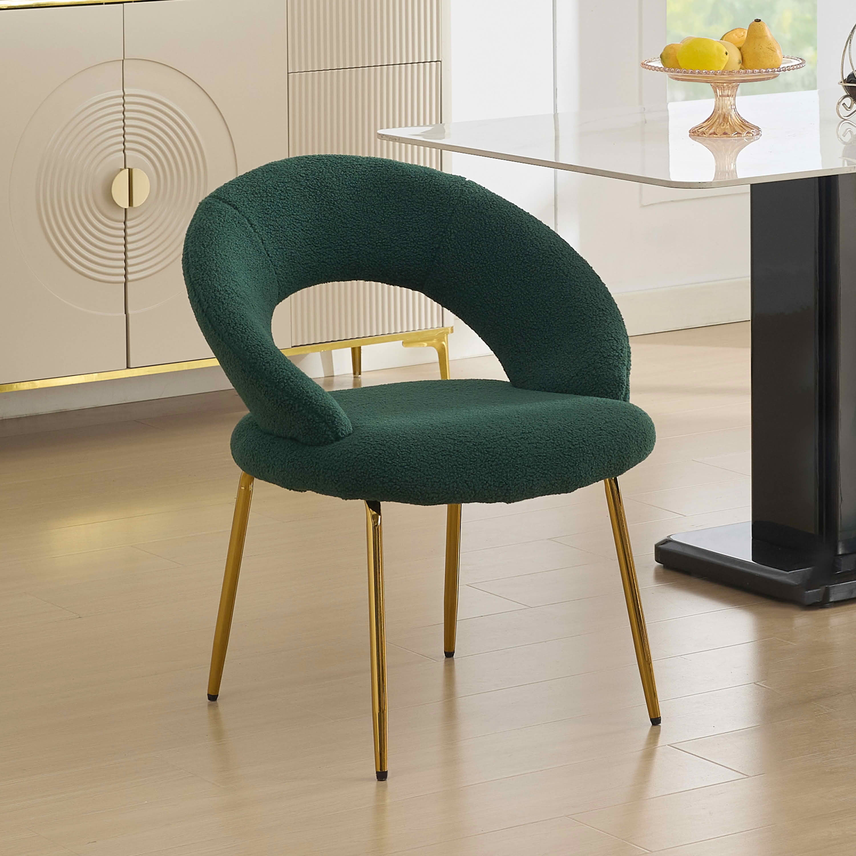 MAYEERTY Set of 1 Teddy Fabric Dining Chair, Curved Backrest & Golden Metal Legs, for Kitchen & Dining Room, Green