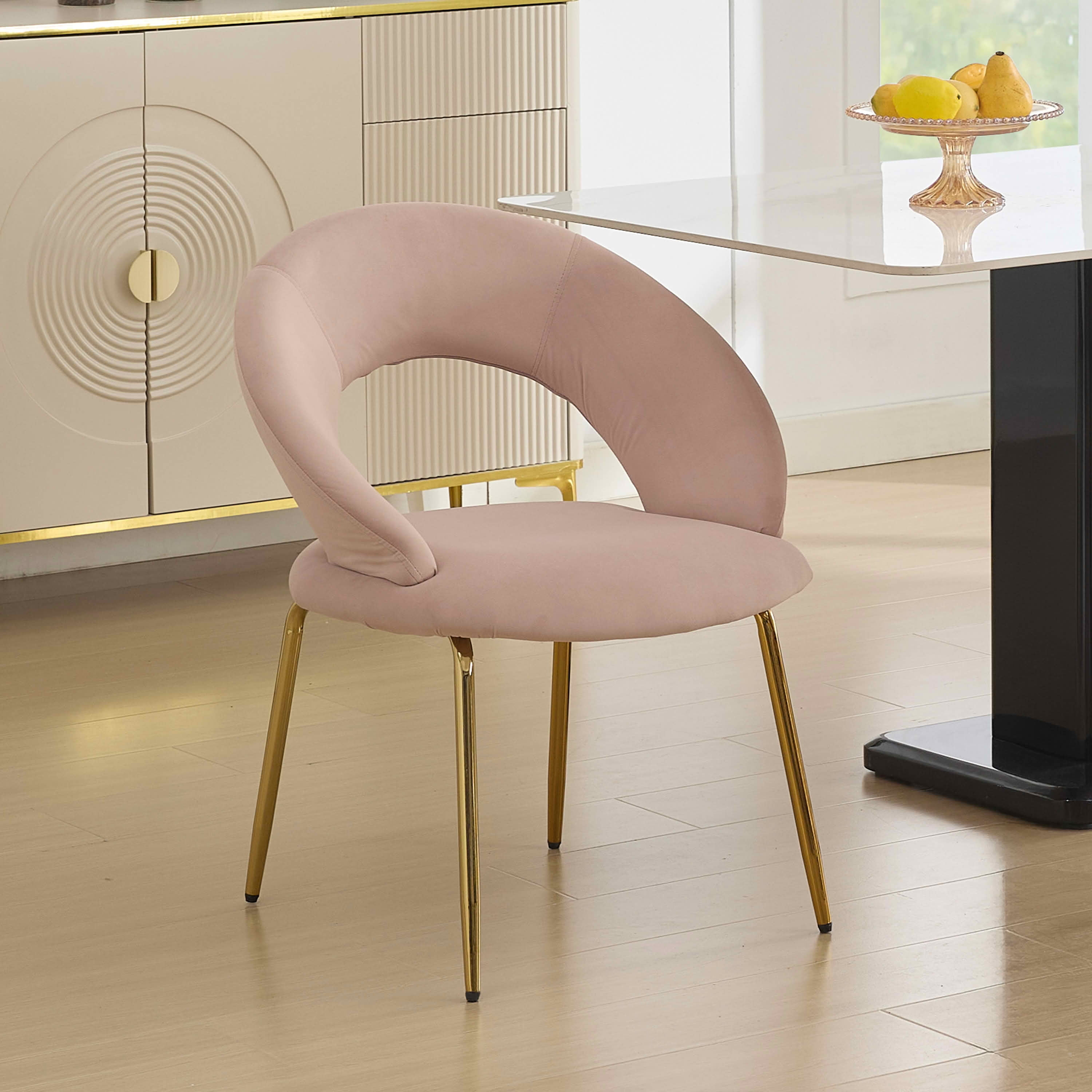 MAYEERTY Set of 1 Velvet Fabric Dining Chair, Curved Backrest & Golden Metal Legs, for Kitchen & Dining Room, Pink
