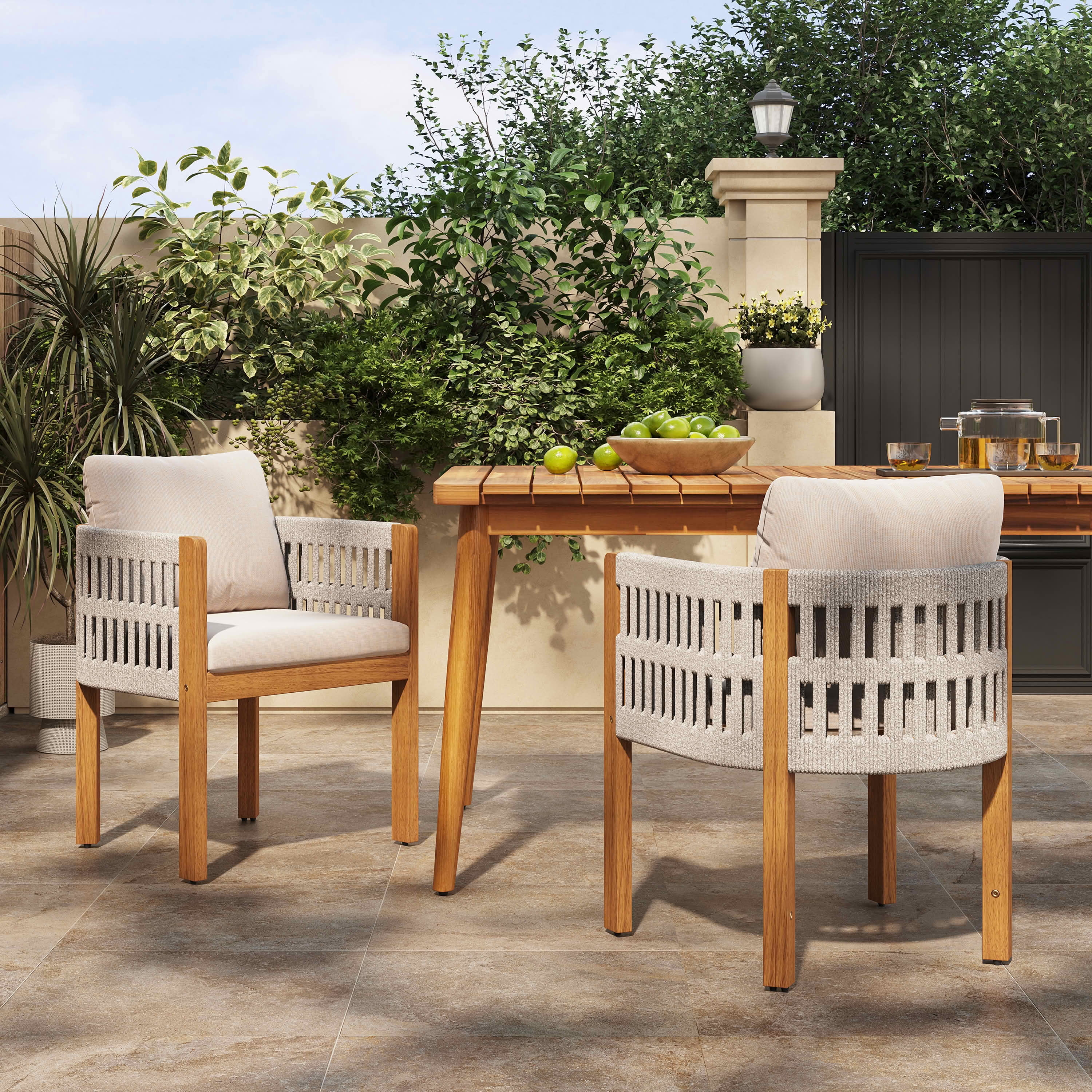 MAYEERTY Set of 2 Acacia Wood Patio Chairs with Rope-Wrapped Arms & Waterproof Foam Cushions 400lbs Capacity