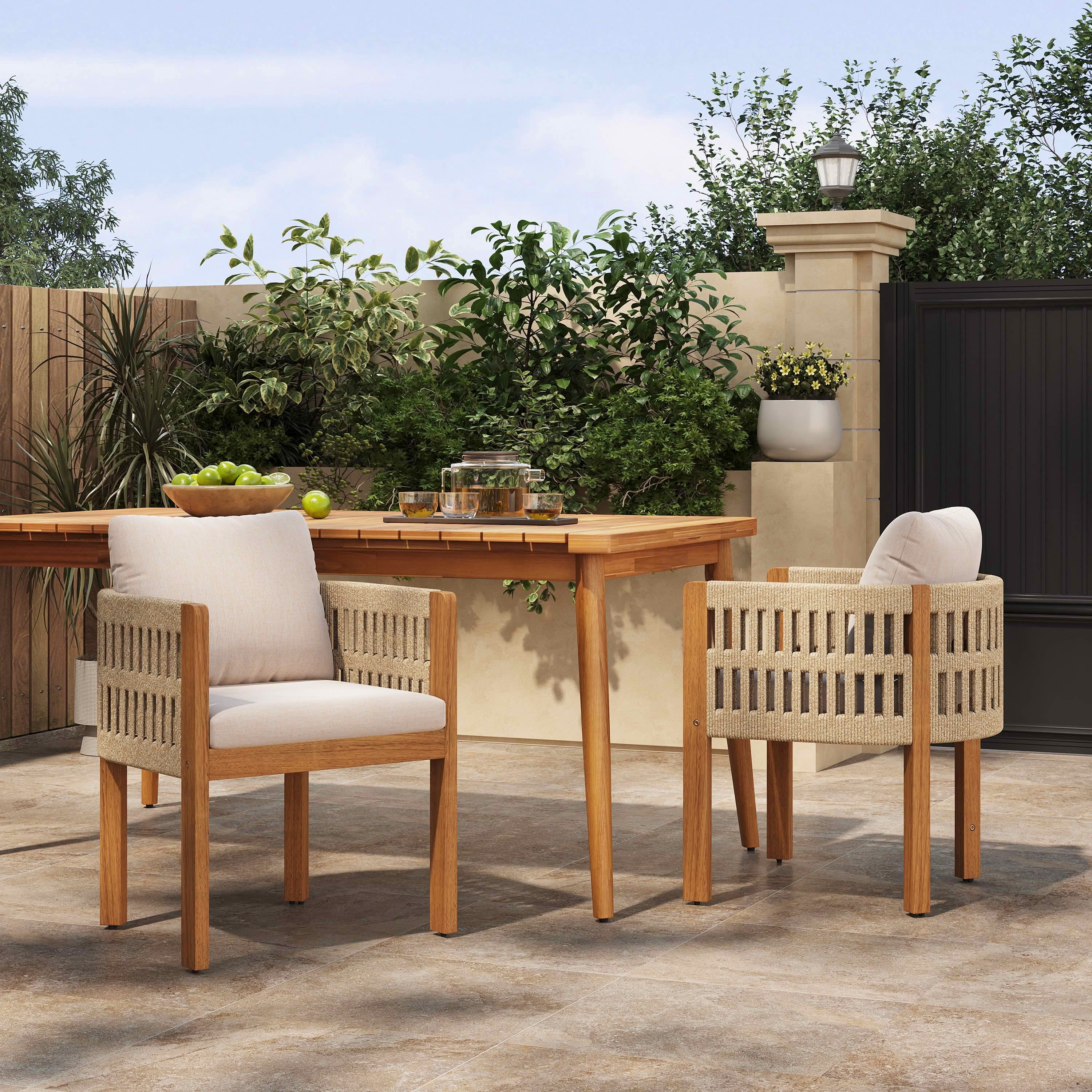 MAYEERTY Set of 2 Acacia Wood Patio Chairs with Rope-Wrapped Arms & Waterproof Foam Cushions 400lbs Capacity