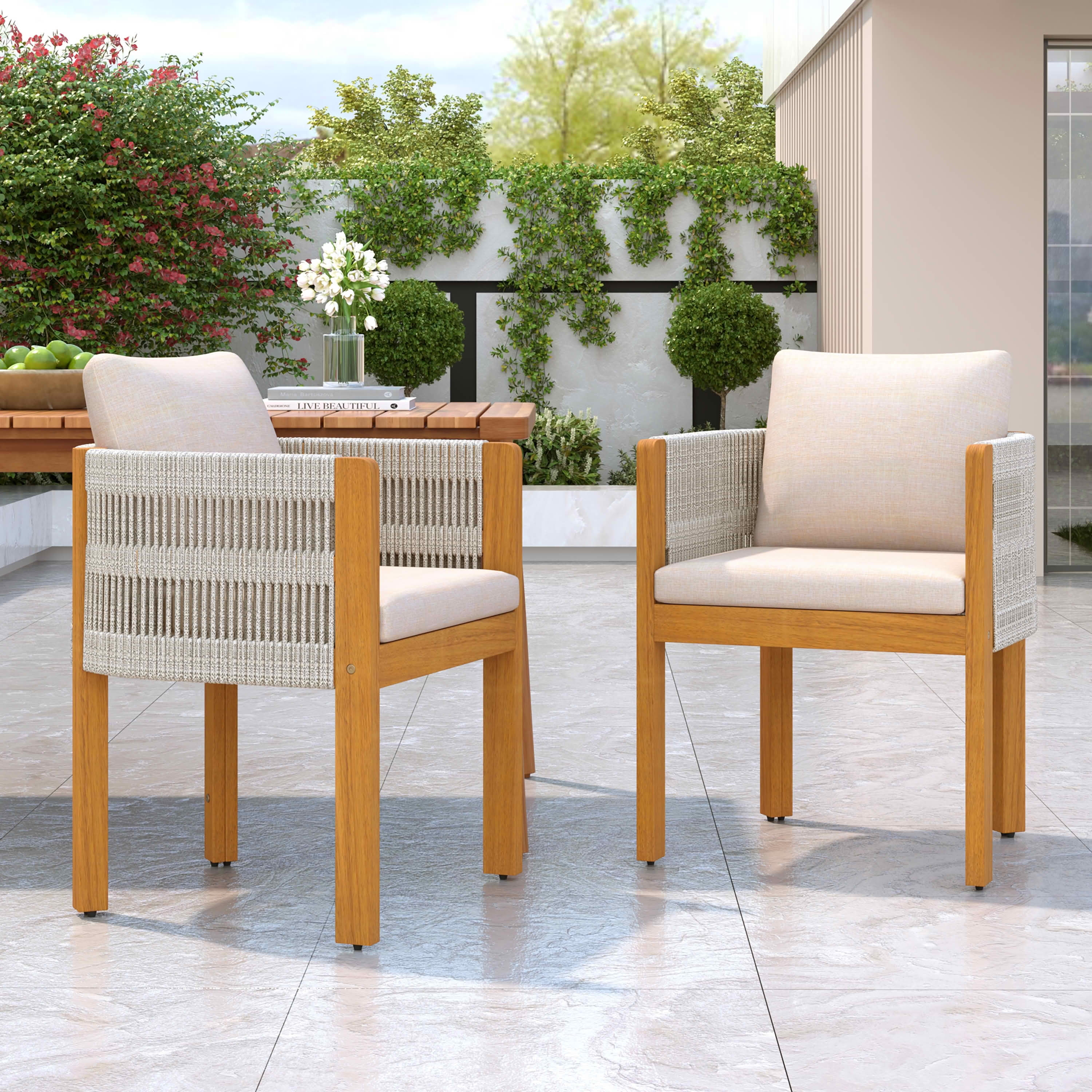 MAYEERTY Set of 2 Acacia Wood Patio Chairs with Rope-Wrapped Arms & Waterproof Foam Cushions 400lbs Capacity