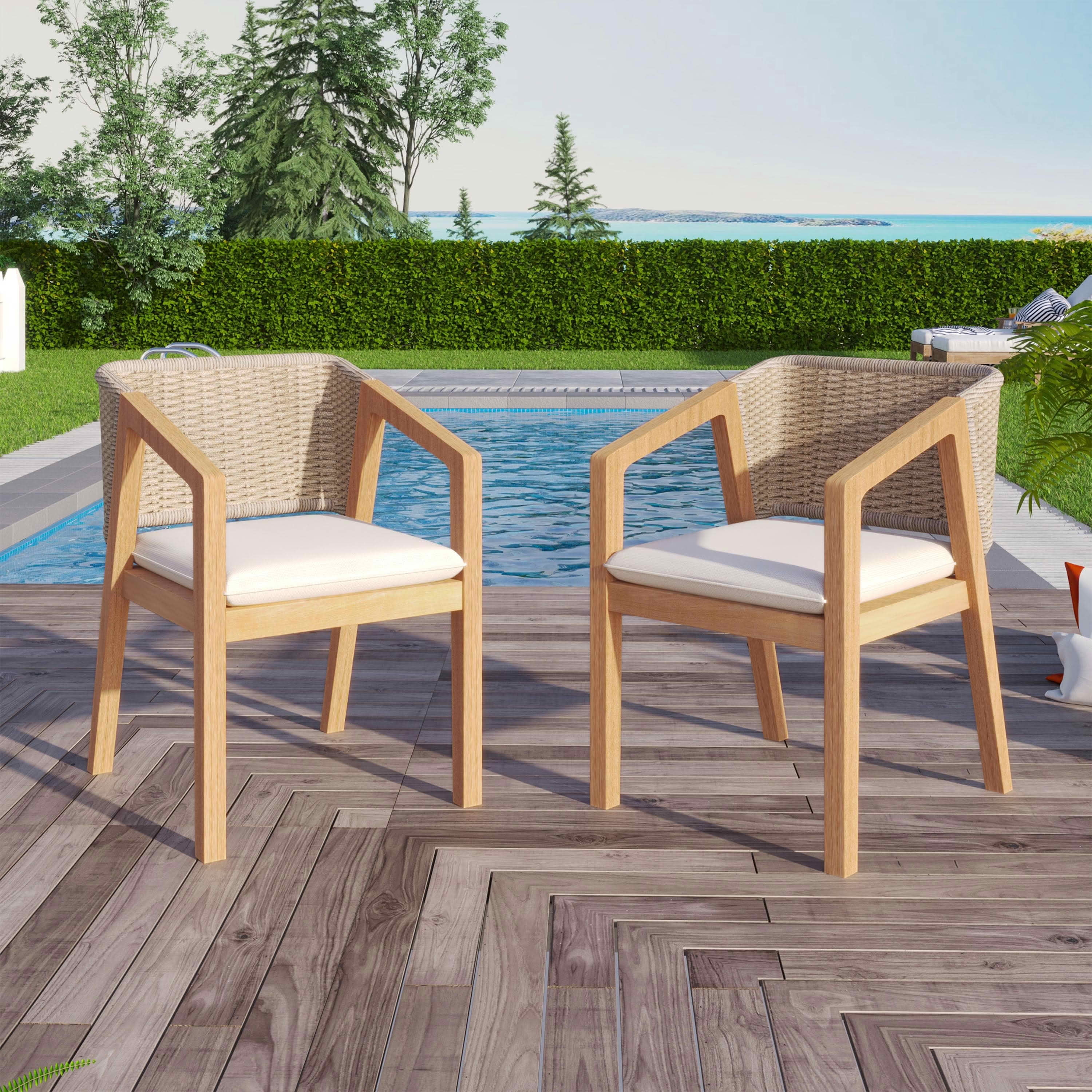 MAYEERTY Set of 2 Light Teak Acacia Wood Patio Chairs with Rope Woven Back & Water-Repellent Cushions