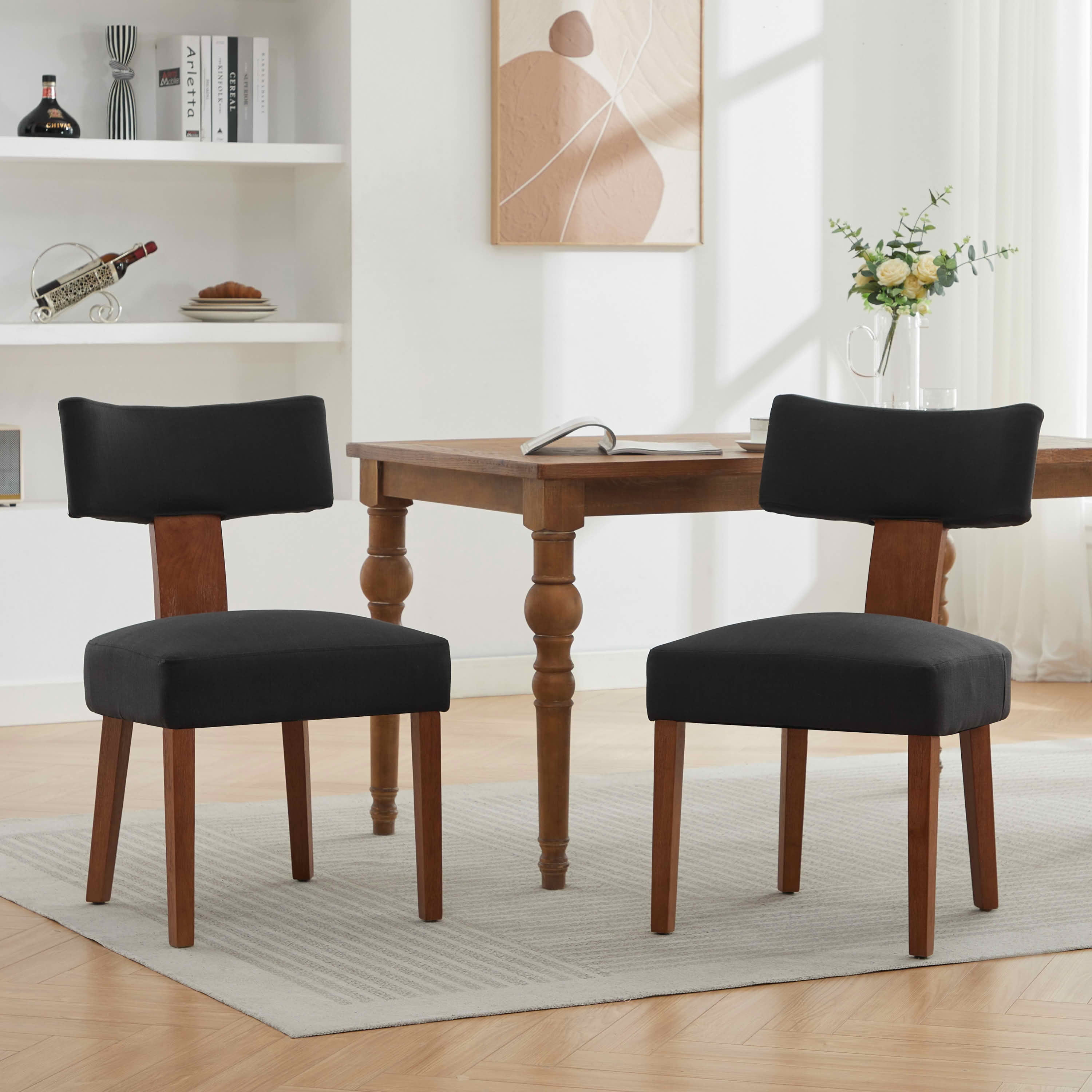 MAYEERTY Set of 2 Linen Fabric Modern Armless Dining Chairs, Curved Backrest & Solid Wooden Legs, for Dining Room & Living Room, Black