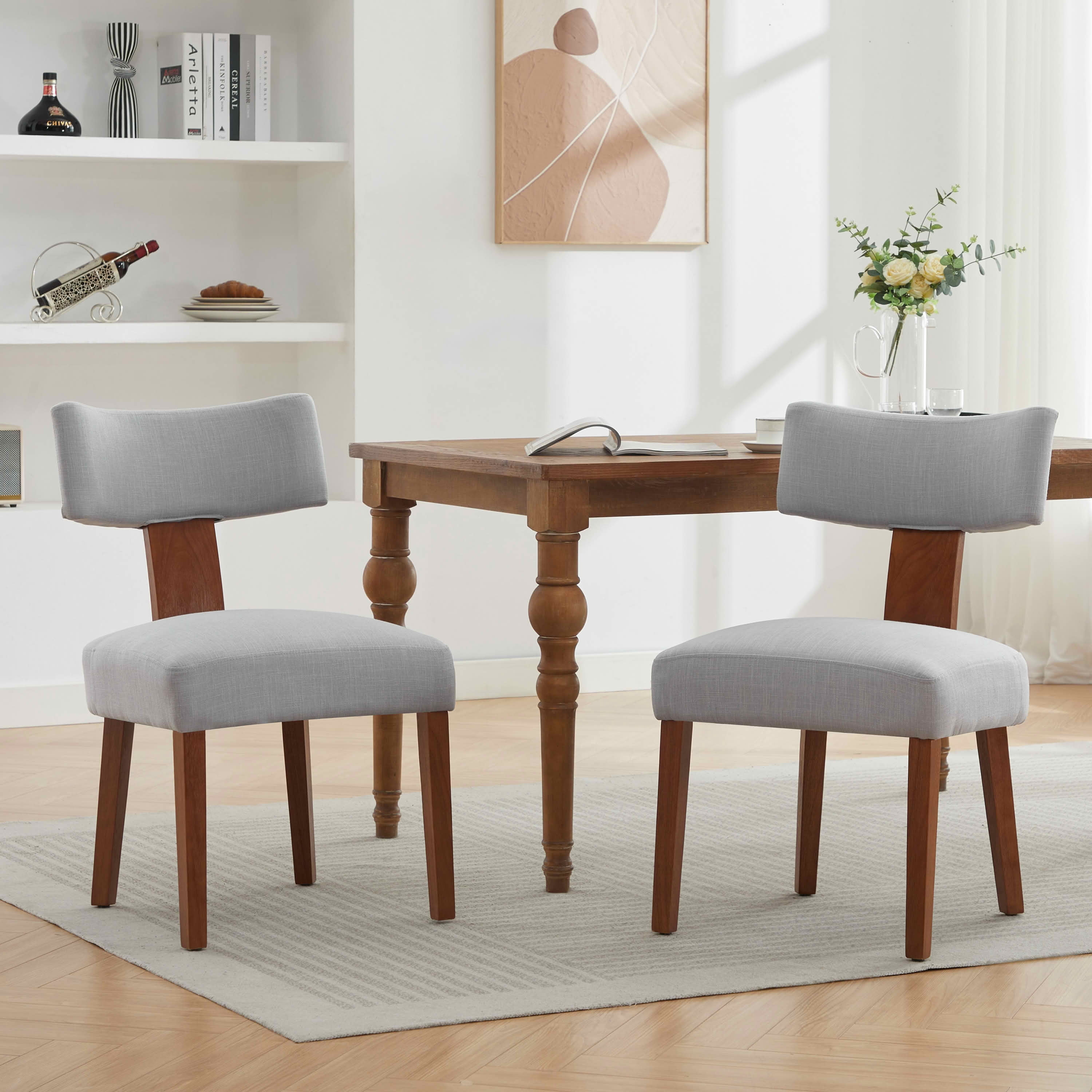 MAYEERTY Set of 2 Linen Fabric Modern Armless Dining Chairs, Curved Backrest & Solid Wooden Legs, for Dining Room & Living Room, Gray