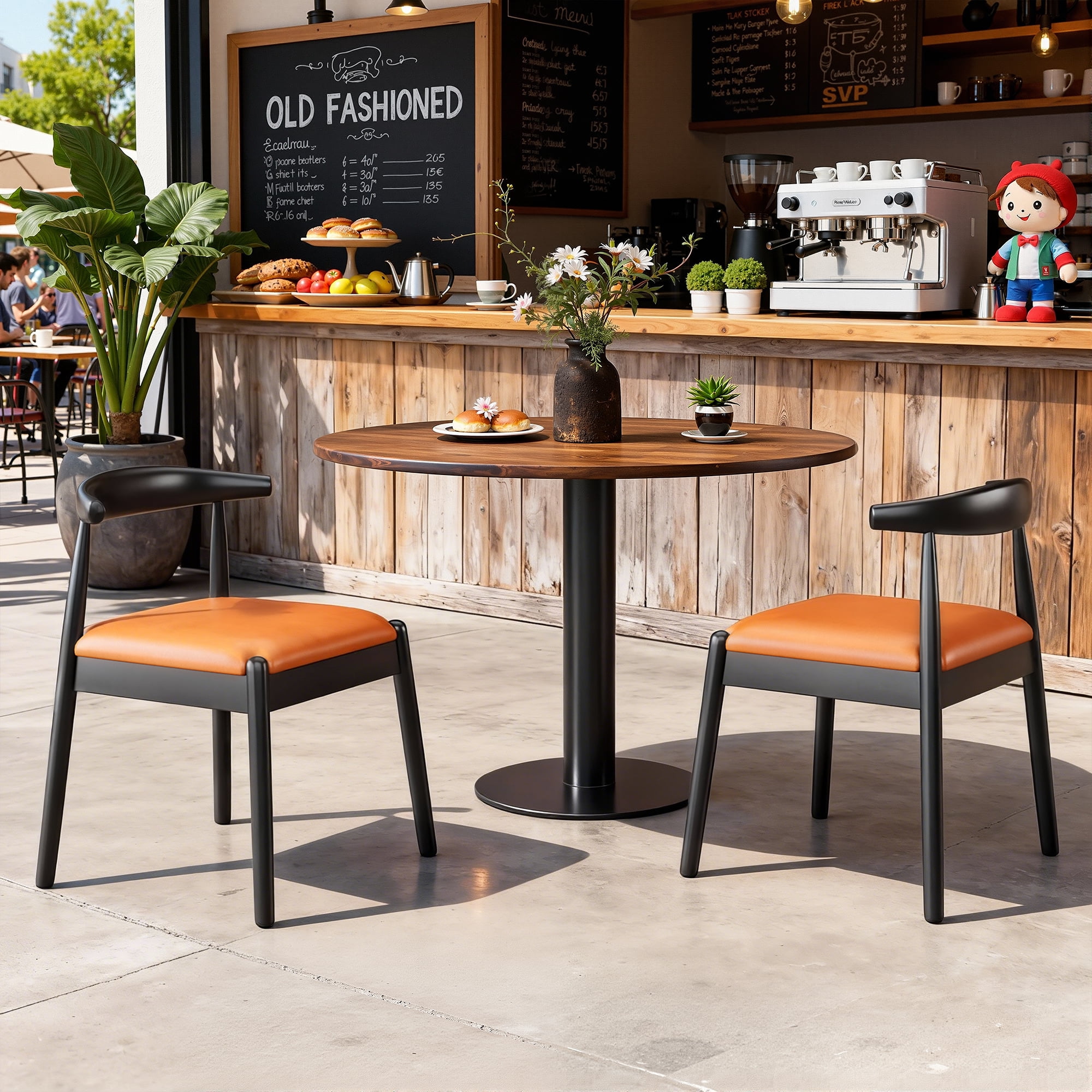 MAYEERTY Set of 2 Modern Dining Chairs, Solid Wood Legs & Woven Rope for Dining Room, Black-wiskey Brown