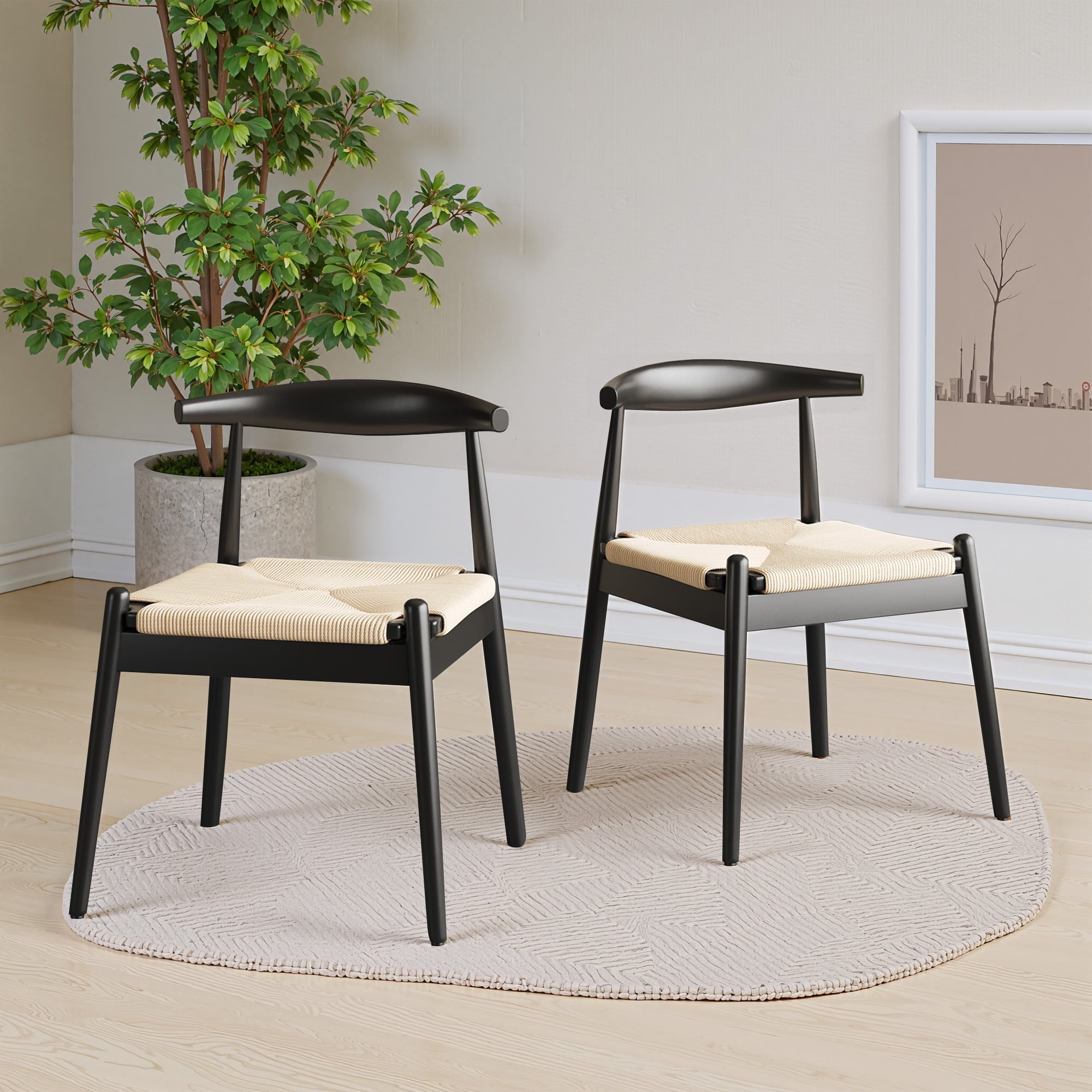 MAYEERTY Set of 2 Modern Dining Chairs, Solid Wood Legs & Woven Rope for Dining Room, Black-beige