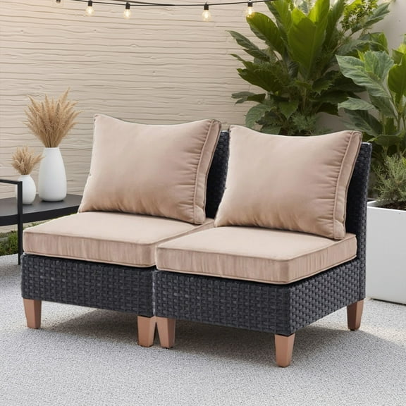 MAYEERTY Set of 2 Outdoor Patio Furniture - Rattan Armless Chairs with Beige Cushions