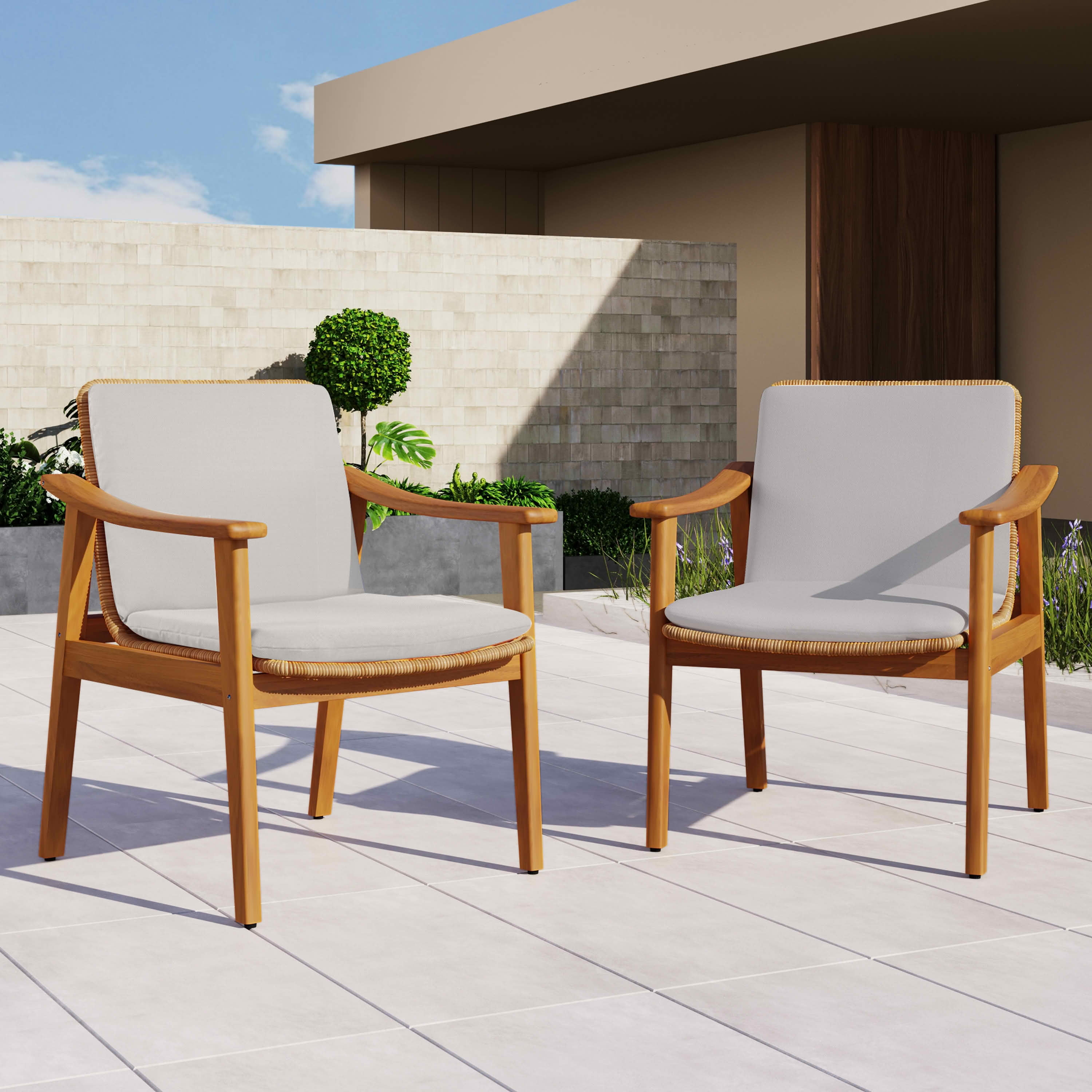 MAYEERTY Set of 2 Patio Acacia Wood Outdoor Chairs with PE Wicker & Waterproof Cushion 400lbs Capacity