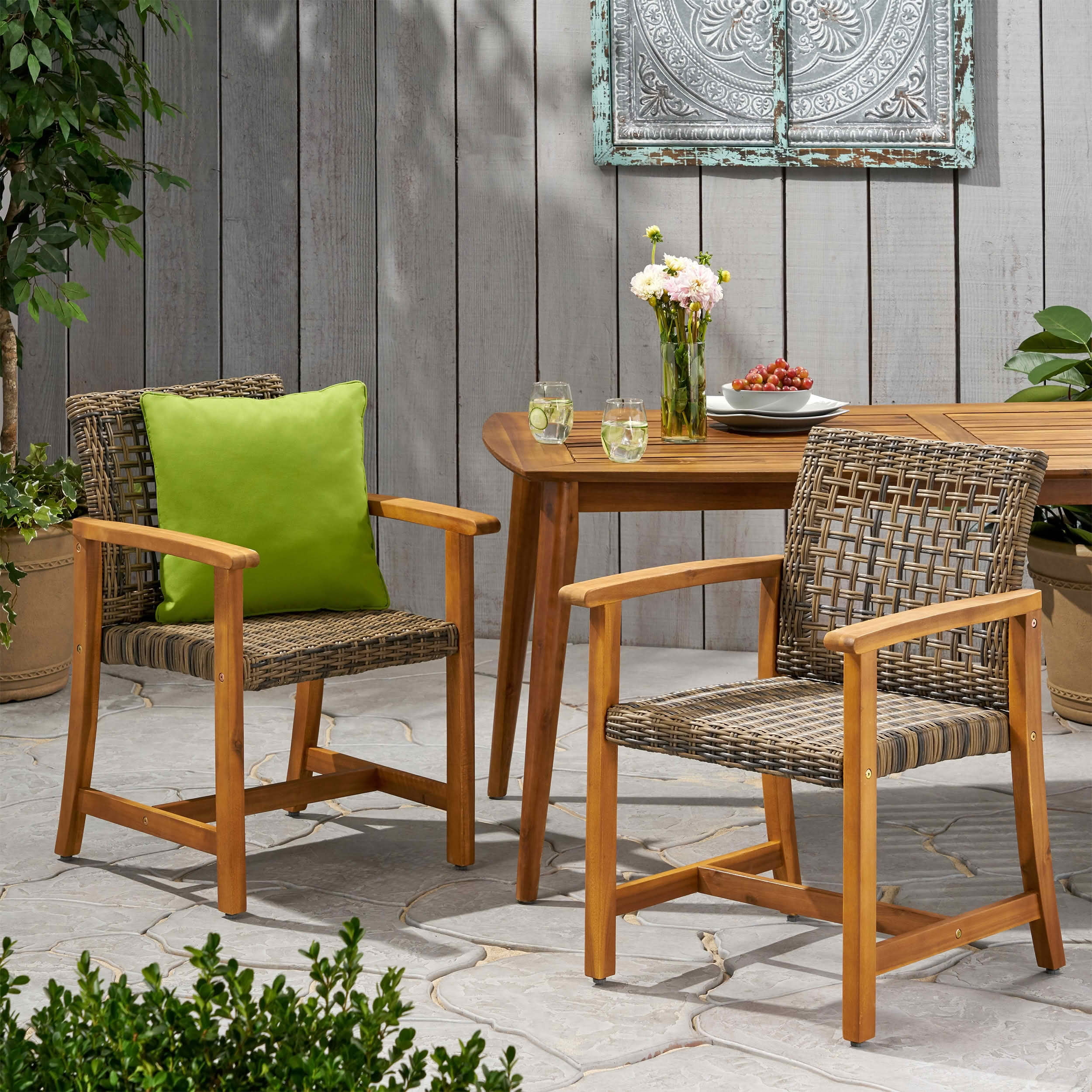 MAYEERTY Set of 2 Patio Acacia Wood Outdoor Dining Chairs with Woven Seating 400lbs Capacity