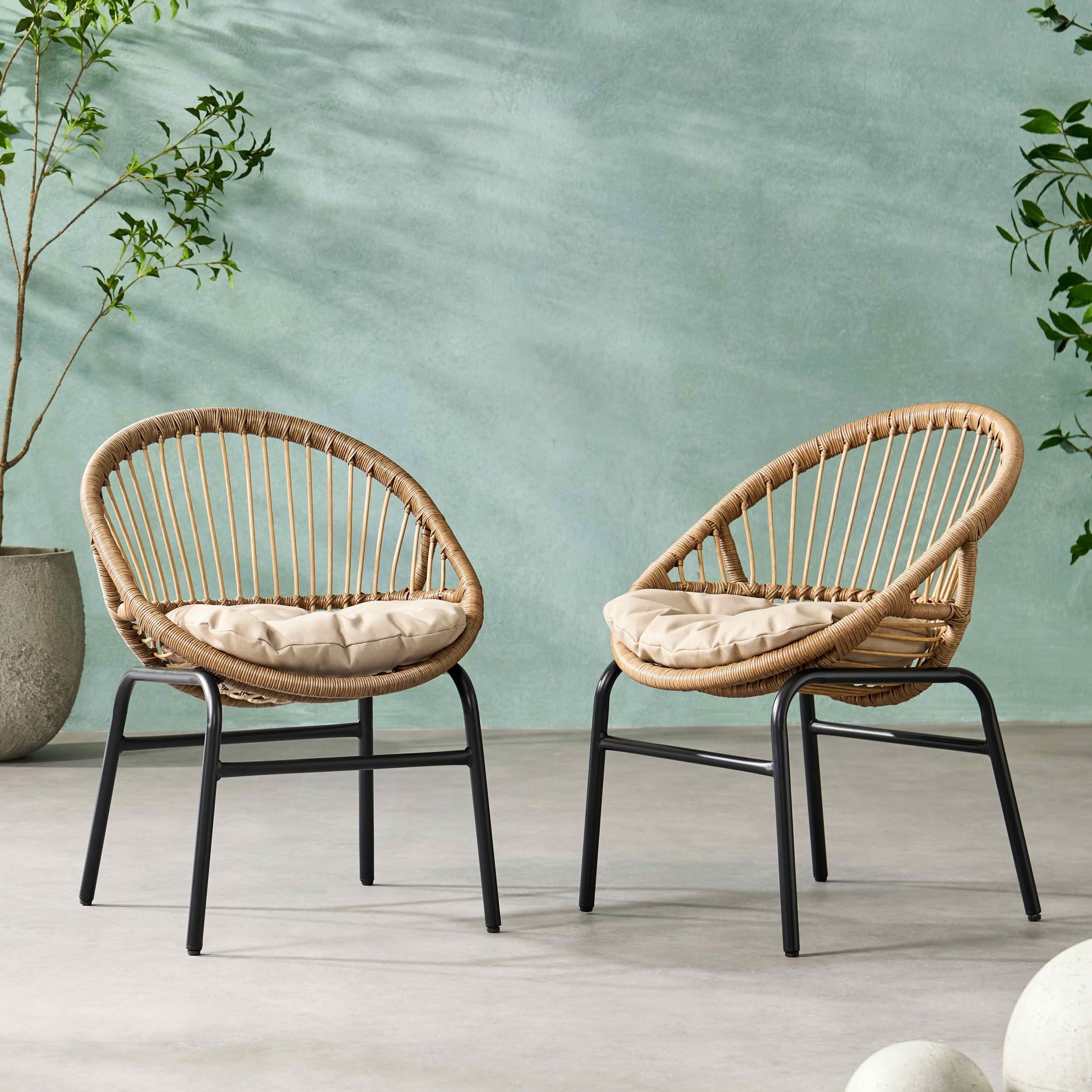 MAYEERTY Set of 2 Patio Boho Woven Rattan Outdoor Dining Chairs with Metal Frame & Water-Resistant Cushions