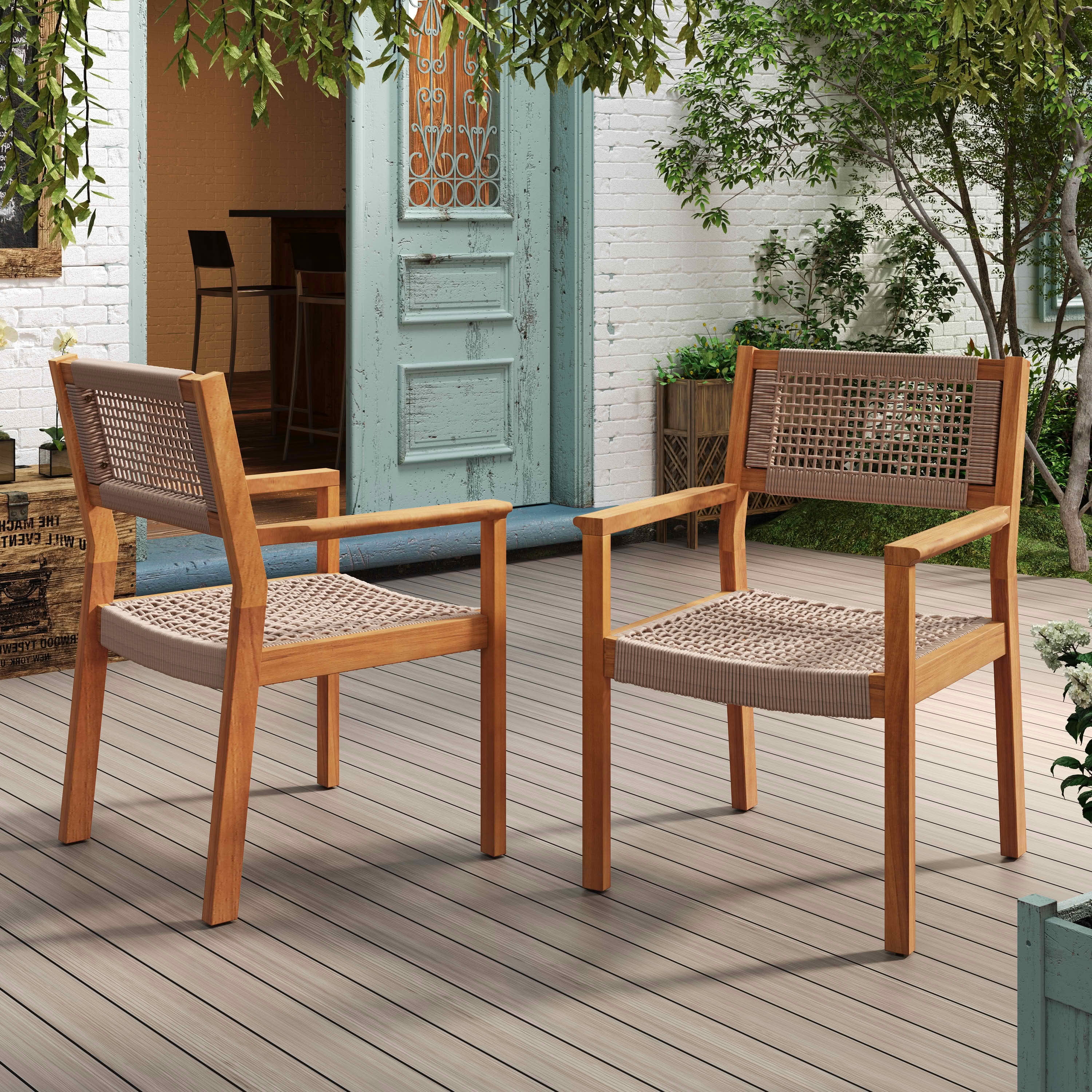 MAYEERTY Set of 2 Patio Teak Finish Acacia Wood Rope Dining Chairs, 400lbs Weight Capacity