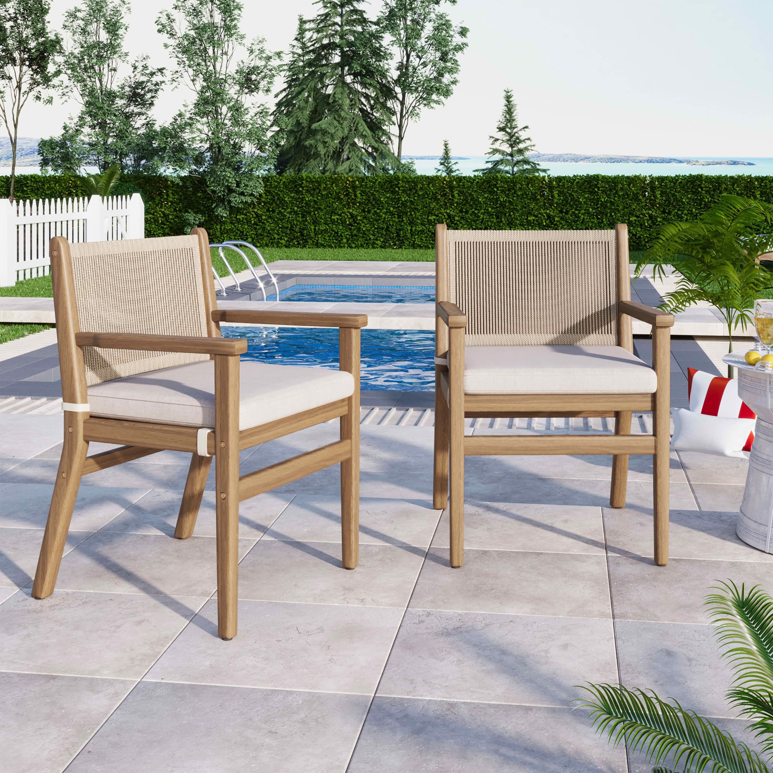 MAYEERTY Set of 2 Patio Vintage Rattan Solid Wood Dining Chairs with Waterproof Cushions